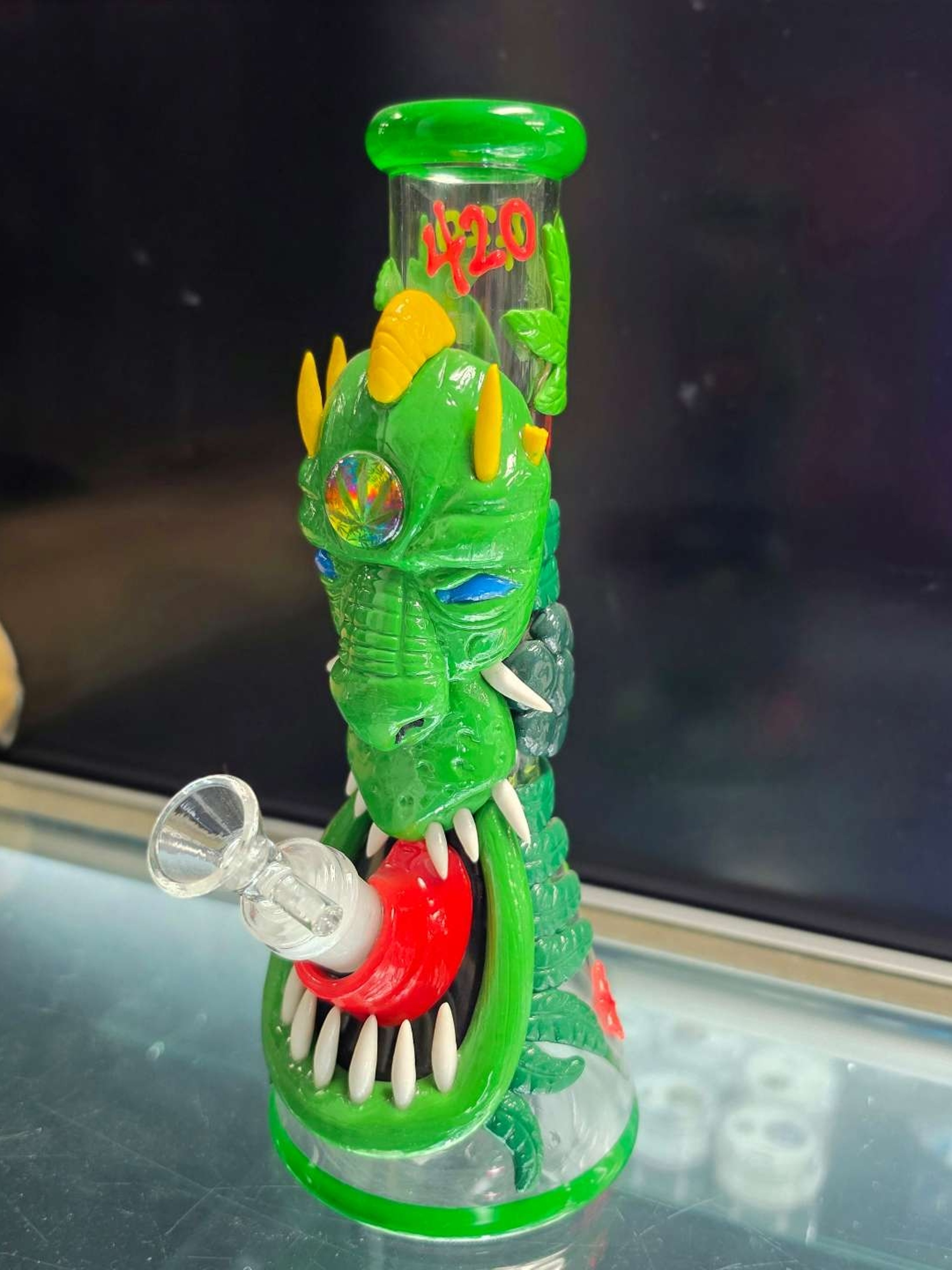 Preview pic of 10-inch 420 Dragon Glow in the Dark Beaker Bong Hand-Painted 3D Dragon Artwork