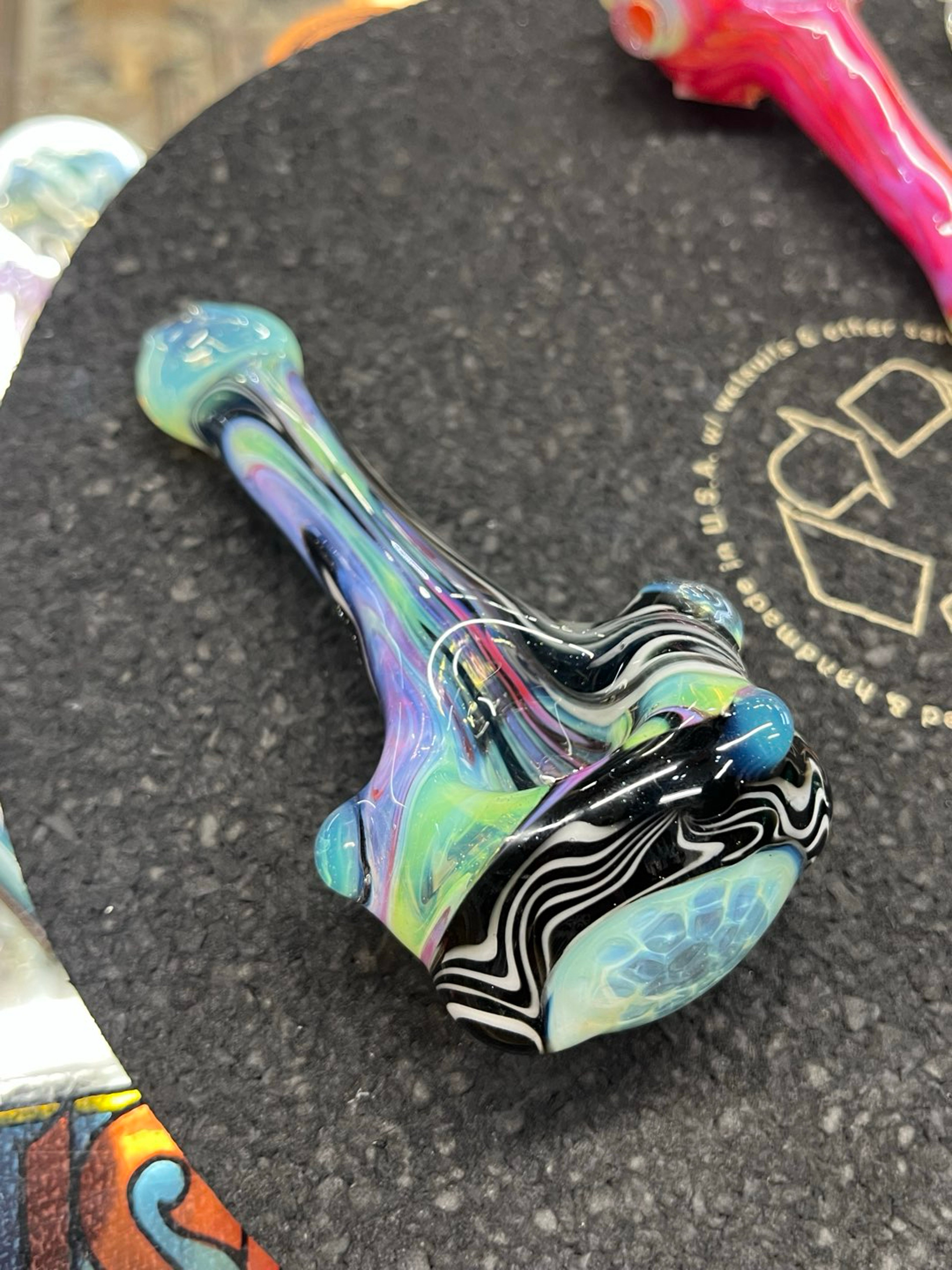 Preview pic of Freeways Glass Art Zebra Pink & Green Glass Pipe