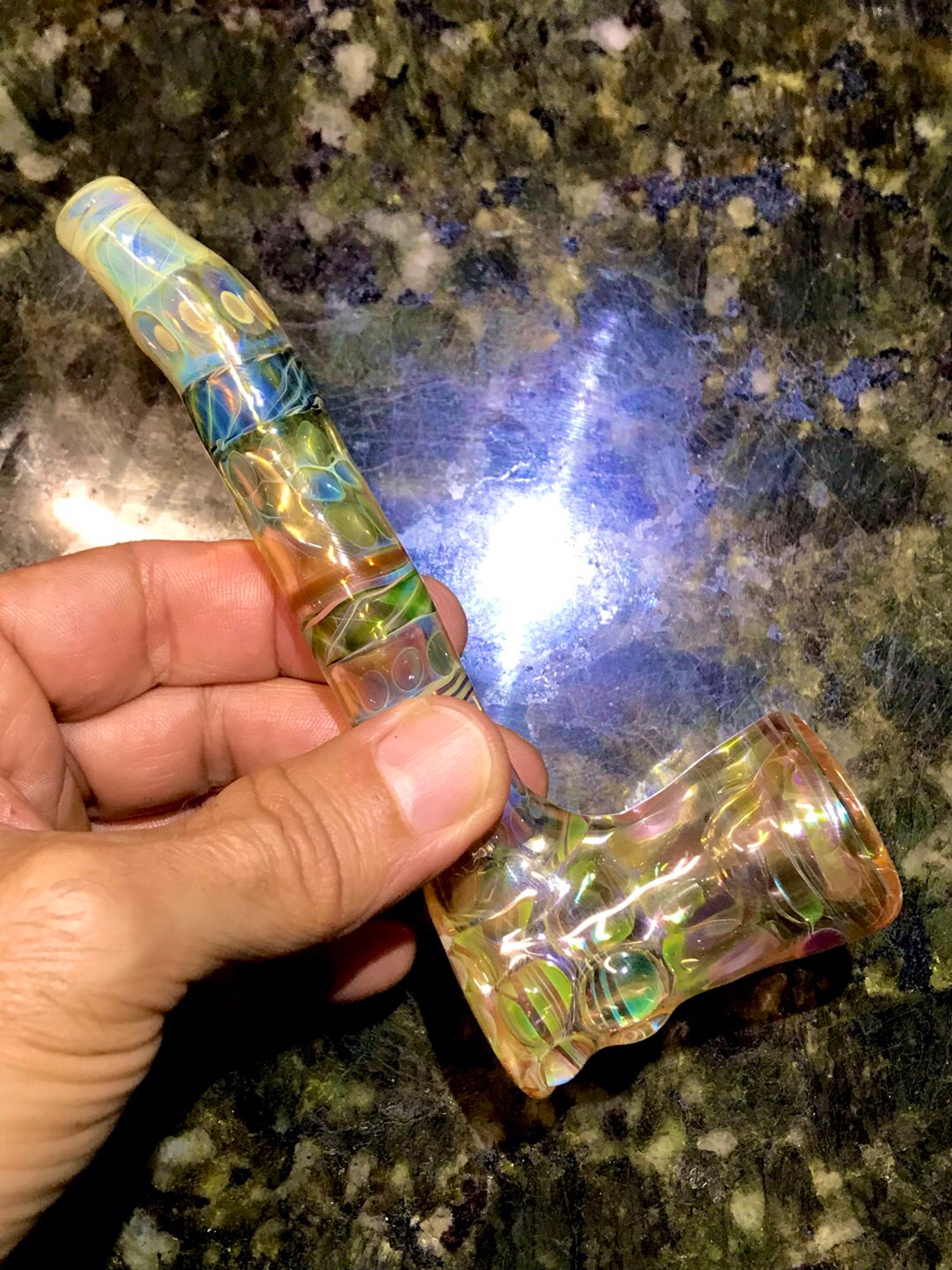 Preview pic of Mike Maytin OG 1990s Silver & Gold Fumed‘CornLock’ Glass Pipe
