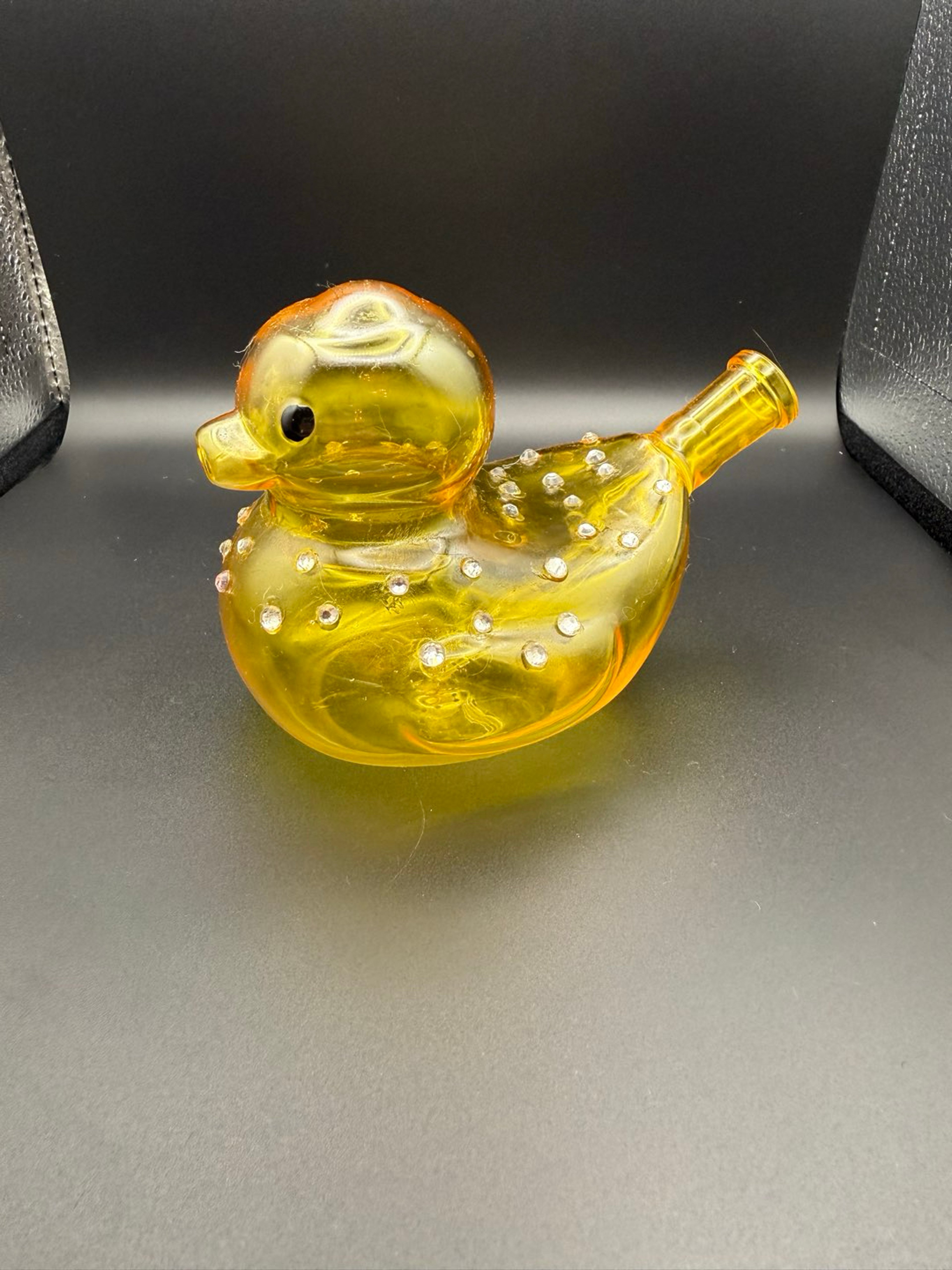 Preview pic of Yellow Amber Glass Rubber Duck Bubbler with Rhinestone Crystals | Novelty Duck Pipe