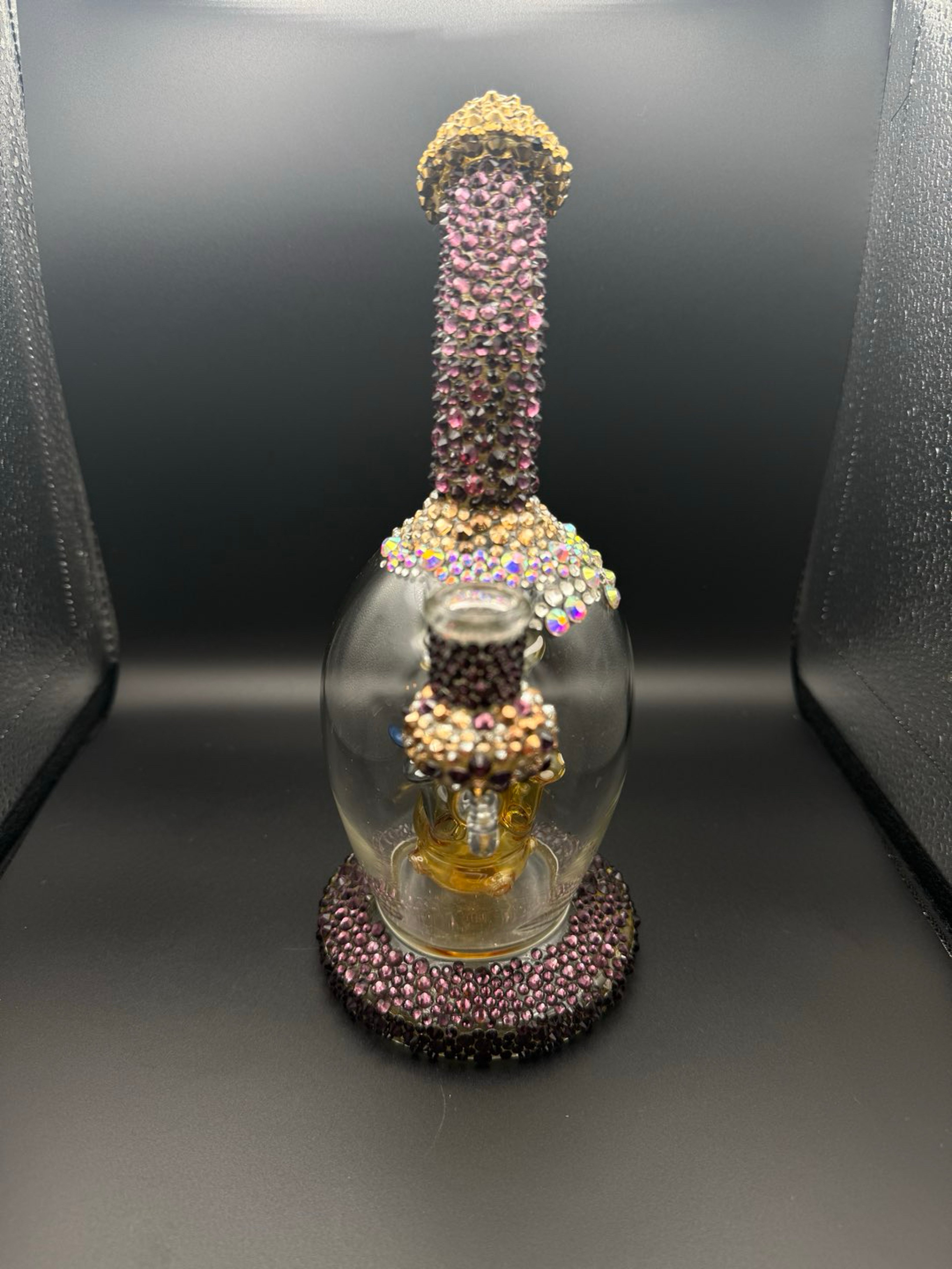 Preview pic of Blinged-Out Purple & Gold Rhinestone Glass Bubbler | Crystal-Encrusted Mini Recycler