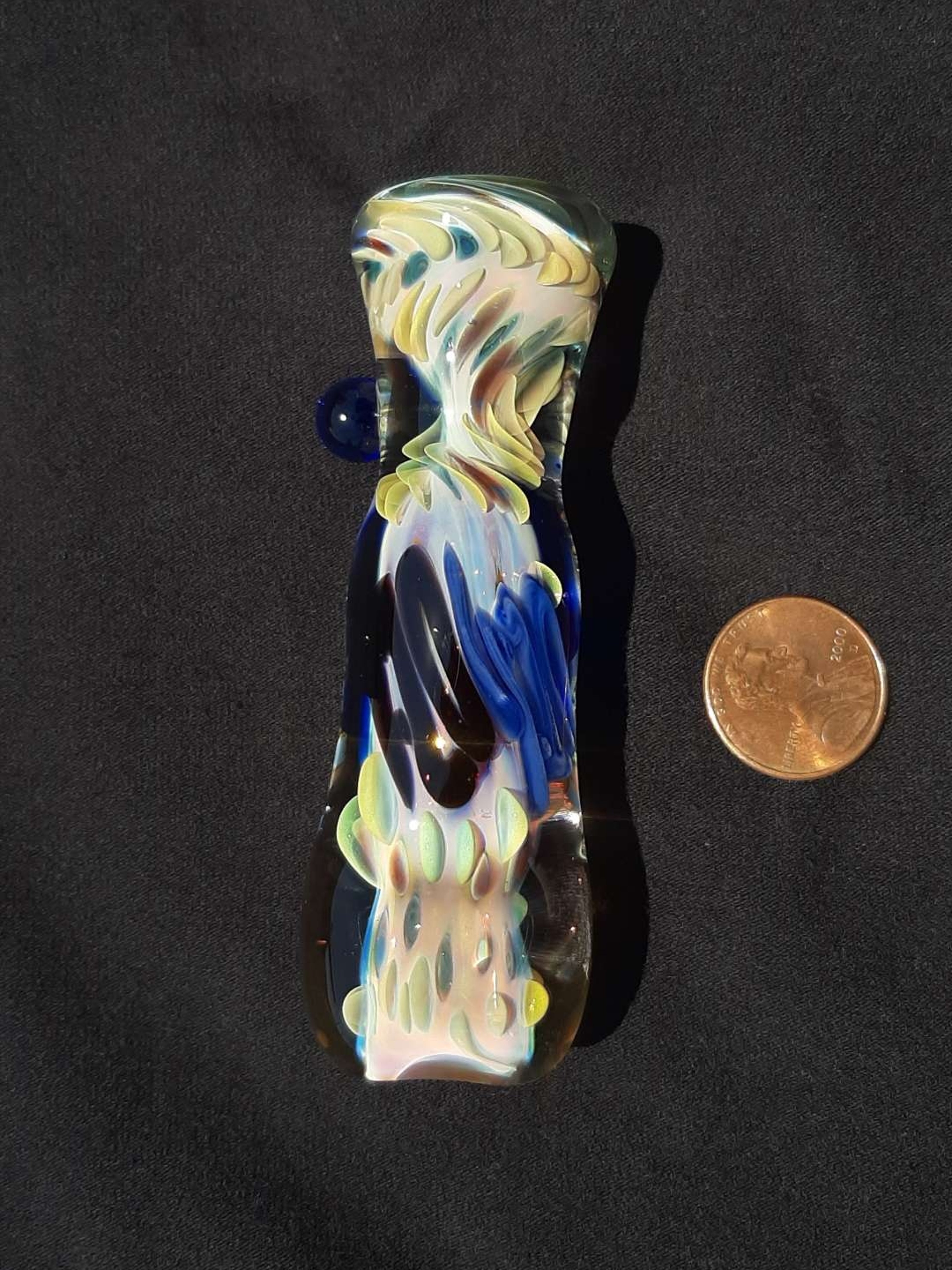 Preview pic of 4:20, inside out, color changing, borosilicate glass chillum with a flattened mouth. FREE SHIPPING