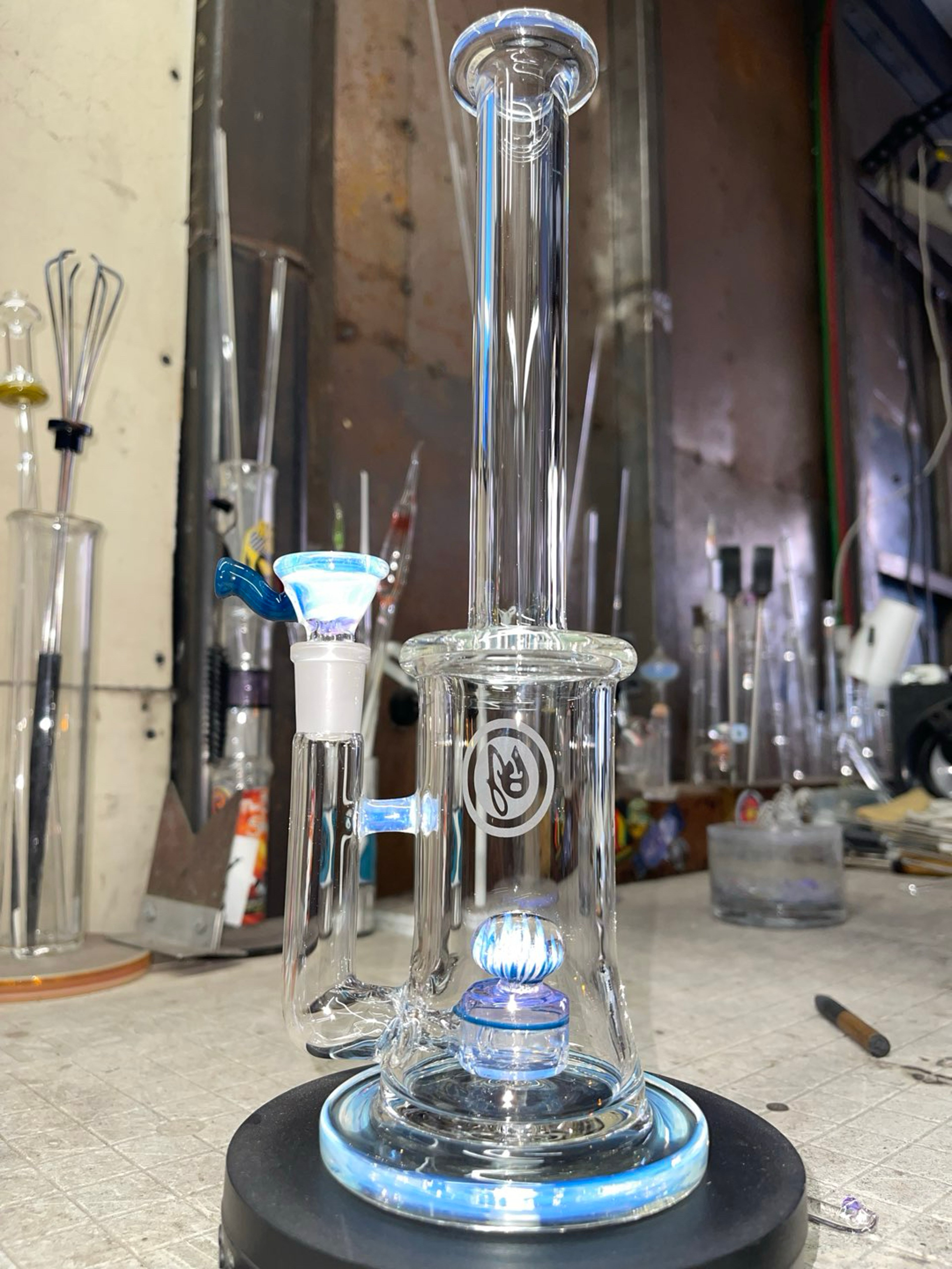 Preview pic of 11” tall 14mm 2 holes slide, deep sea blue and ghost color