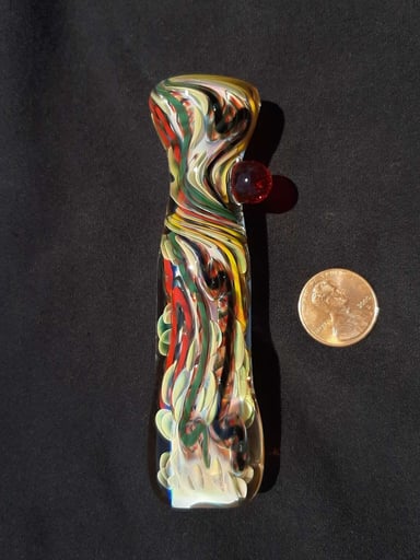 Preview pic of Inside out, color changing, borosilicate glass chillum with a flattened mouth. FREE SHIPPING