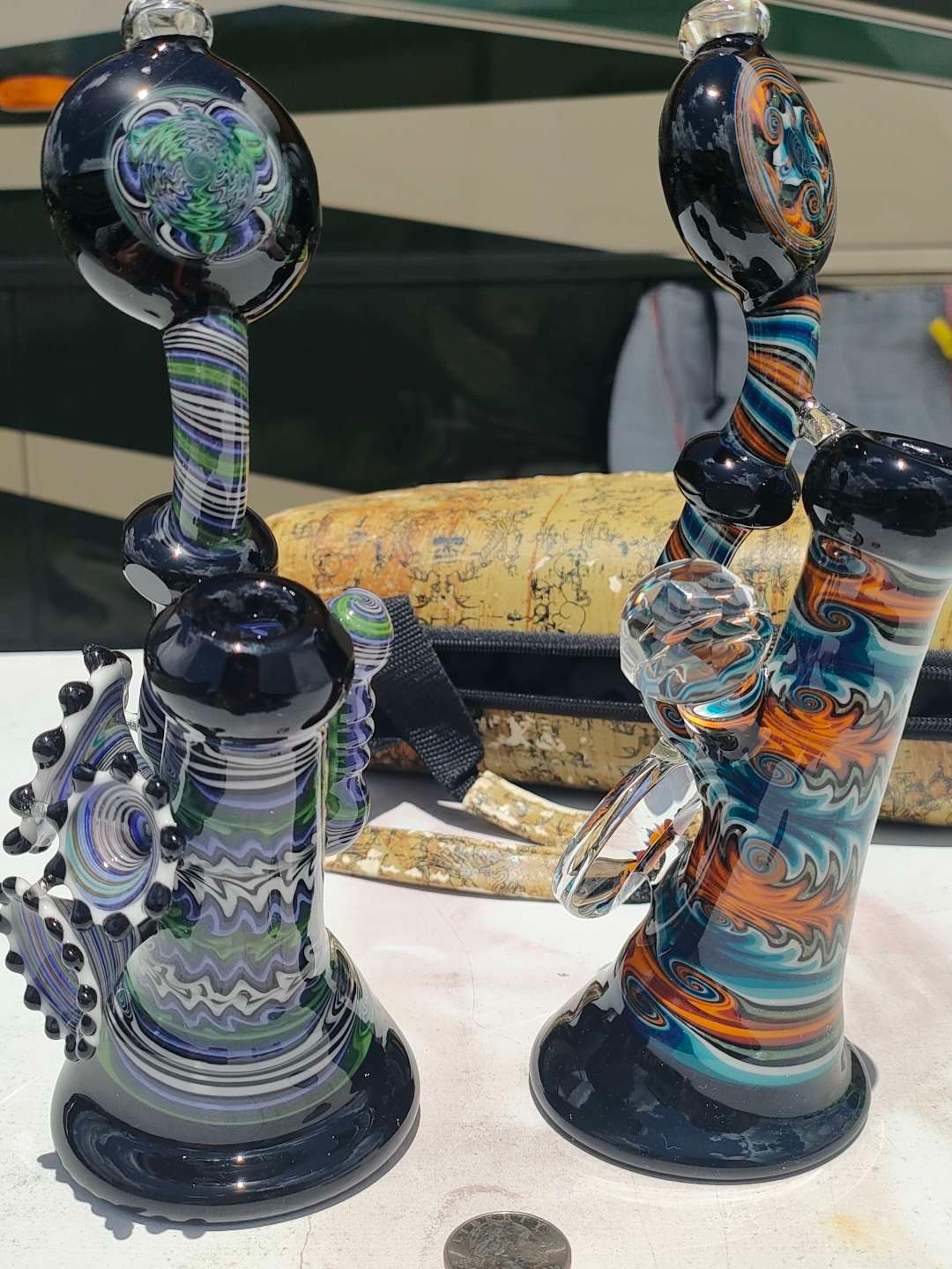 Preview pic of SOLD — Mike Fro 2009 “His & Hers” Wedding Set, Fire & Ice + Green/Purple, Matching Bubblers, 1 of 6, Signed M. Fro ’09, Original Case — NOT FOR SALE