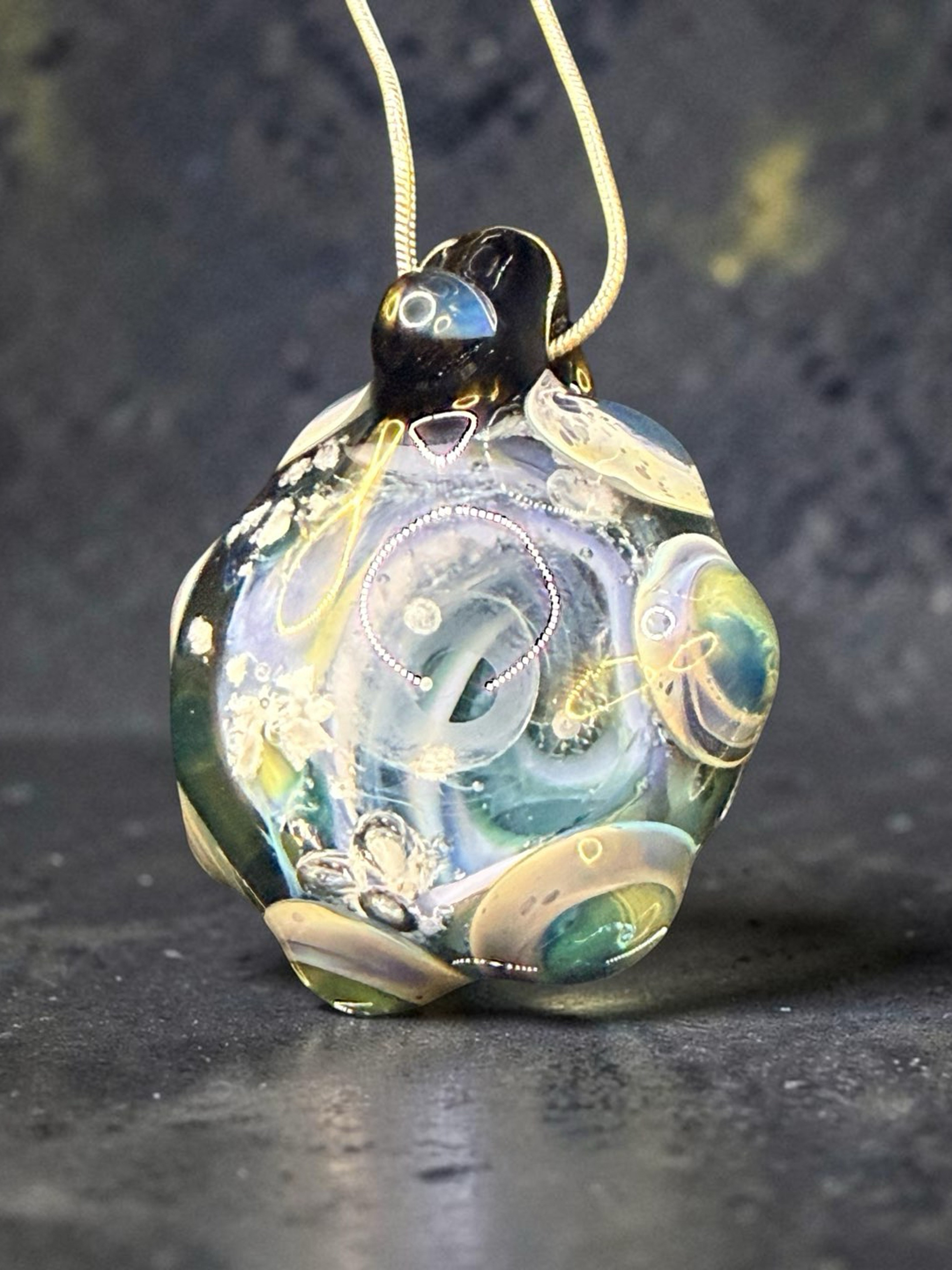 Preview pic of Vortex Borosilicate Glass Pendant with Crushed Opal – Handmade Lampwork Glass Art Necklace – Blue Green Iridescent Statement Jewelry