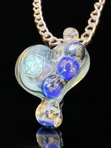 Preview pic of Metatron’s Cube Borosilicate Glass Heart Pendant – Sacred Geometry Dichroic Opal Luster Handmade Boro Art Glass Necklace by EMZglass
