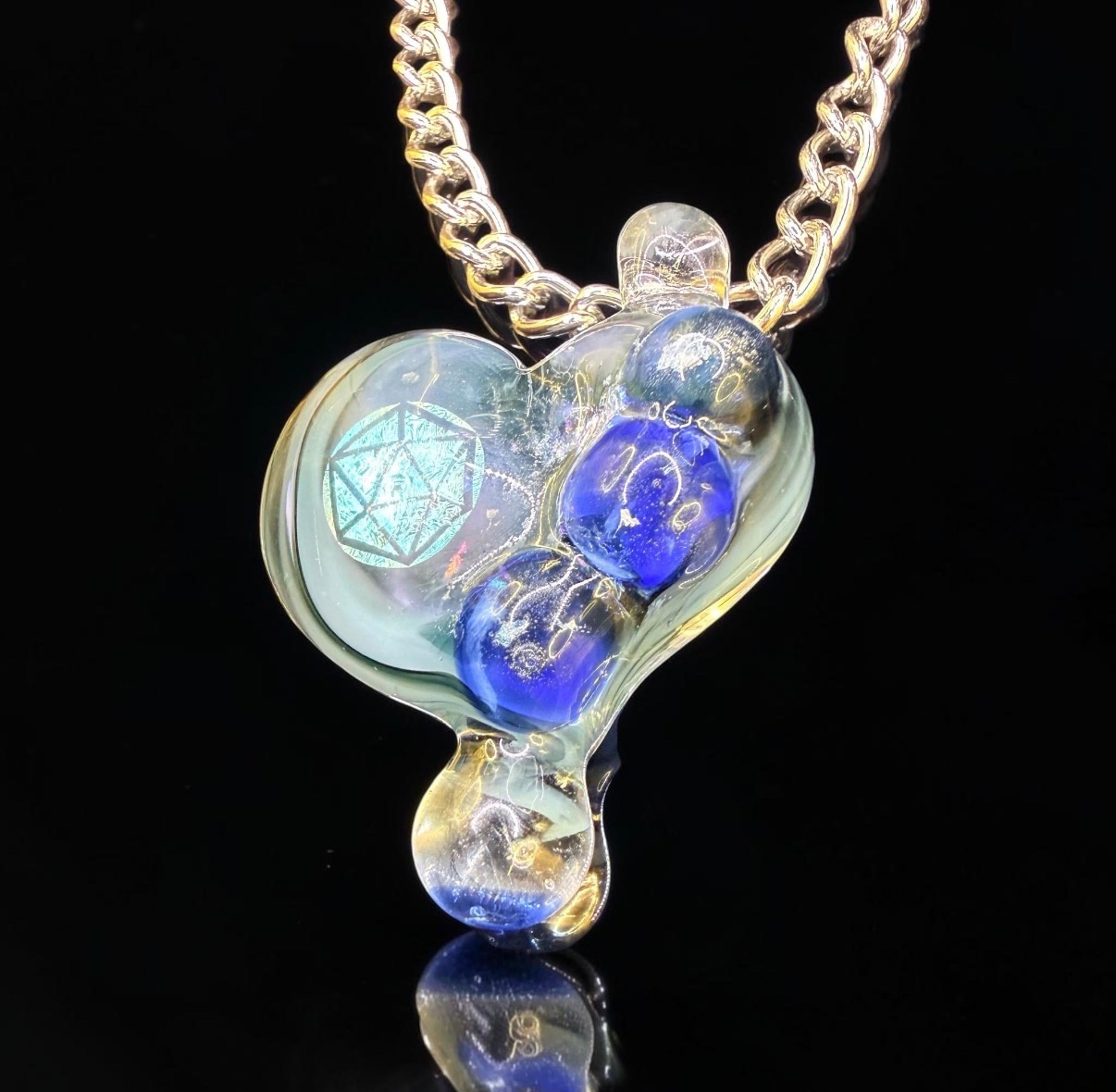 Preview pic of Metatron’s Cube Borosilicate Glass Heart Pendant – Sacred Geometry Dichroic Opal Luster Handmade Boro Art Glass Necklace by EMZglass