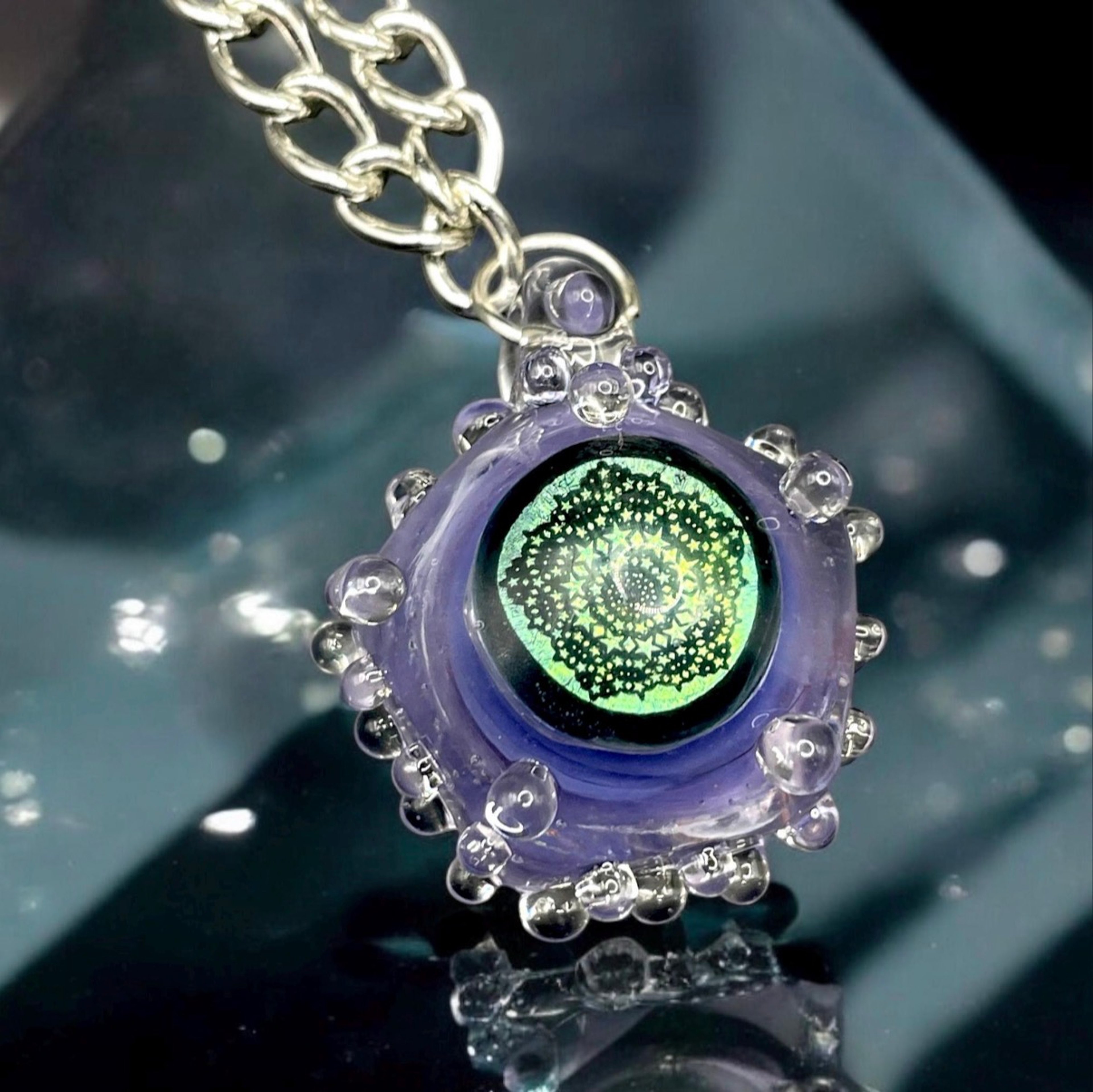 Preview pic of Dichroic Mandala UV Reactive Borosilicate Glass Pendant with Bubble Details – Handmade Boro Art by EMZglass