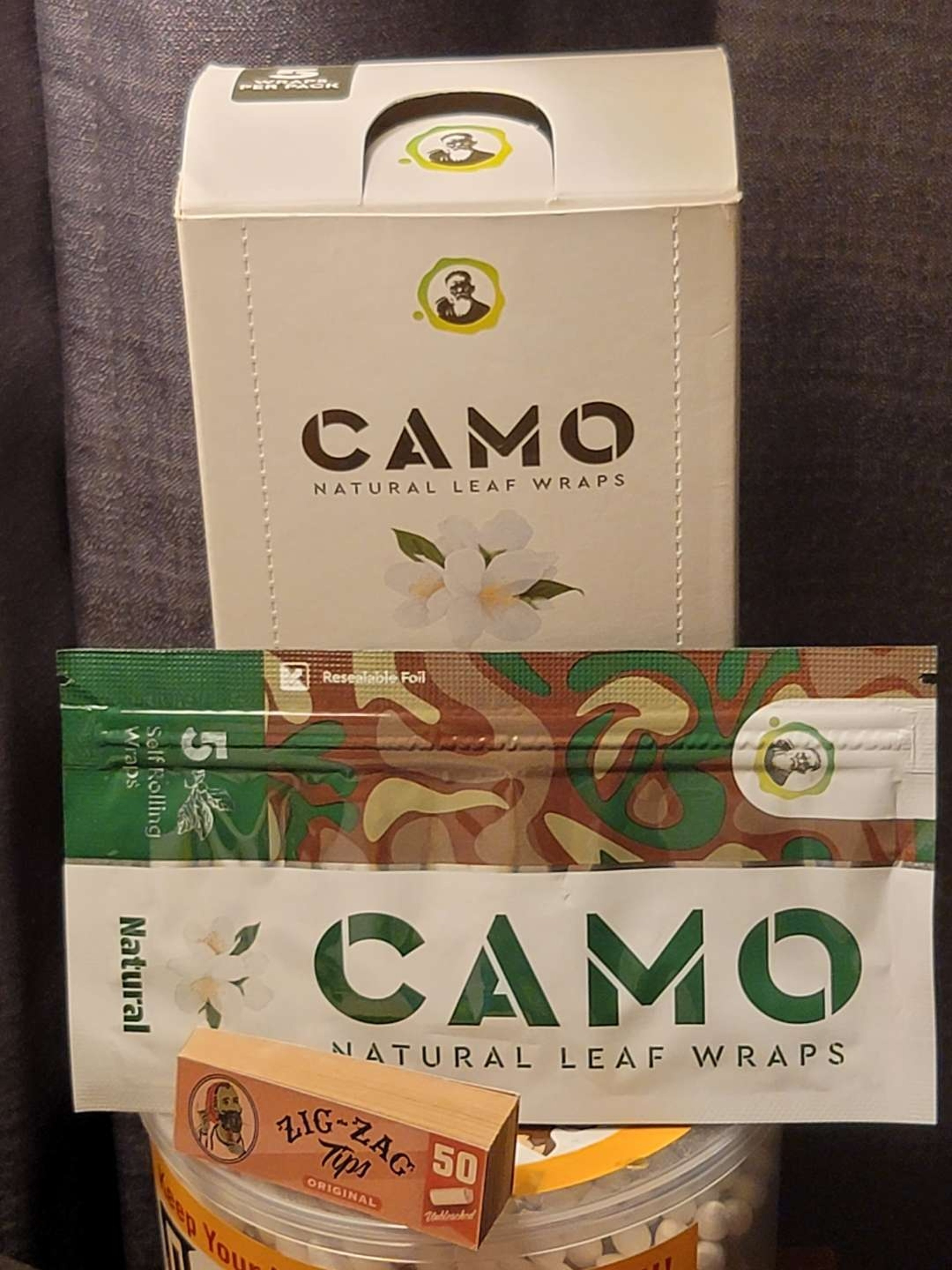 Preview pic of Camo Herbal Wraps + Zig Zag Tips Chamomile Herbal Wraps (25 Packs of 5 Wraps) No Tobacco