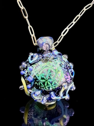 Preview pic of Flower of Life Dichroic Borosilicate Pendant • Northstar Glass • Opal Luster • Sculpted Vines • Sacred Geometry • One of a Kind by EMZglass