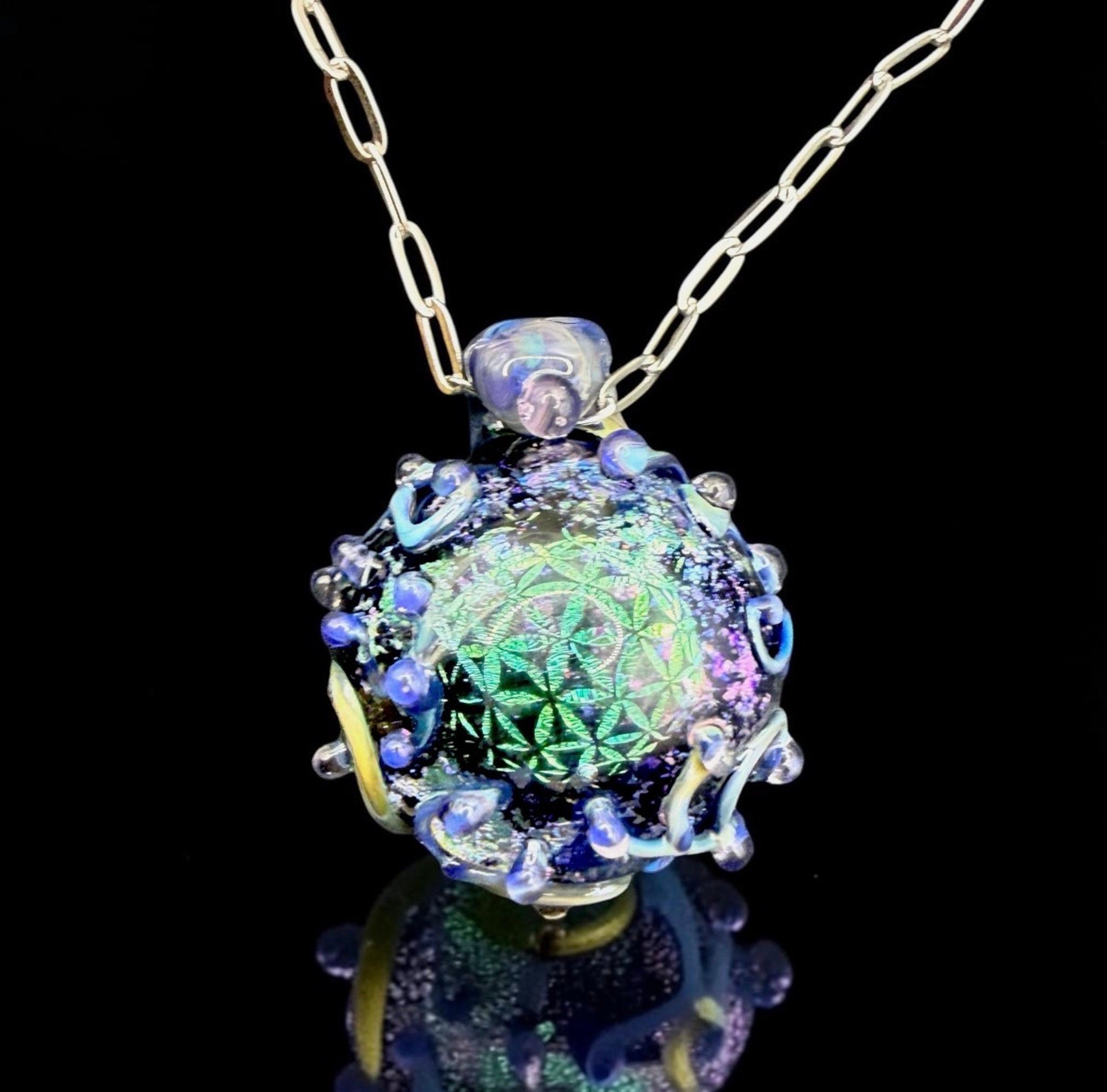 Preview pic of Flower of Life Dichroic Borosilicate Pendant • Northstar Glass • Opal Luster • Sculpted Vines • Sacred Geometry • One of a Kind by EMZglass
