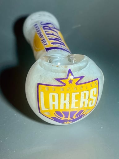 Preview pic of Los Angeles LA Lakers custom glass pipe! 5” white base, can do any personalized name or player etc!!! Custom vinyl art!