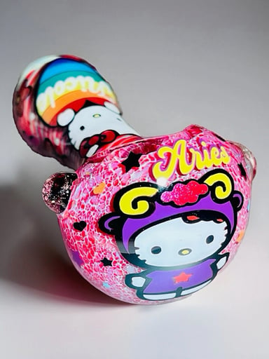 Preview pic of Hello Kitty 3.5” glass Pipe custom art / personalized glass pieces.  420 gifts,  zodiac/ Aries