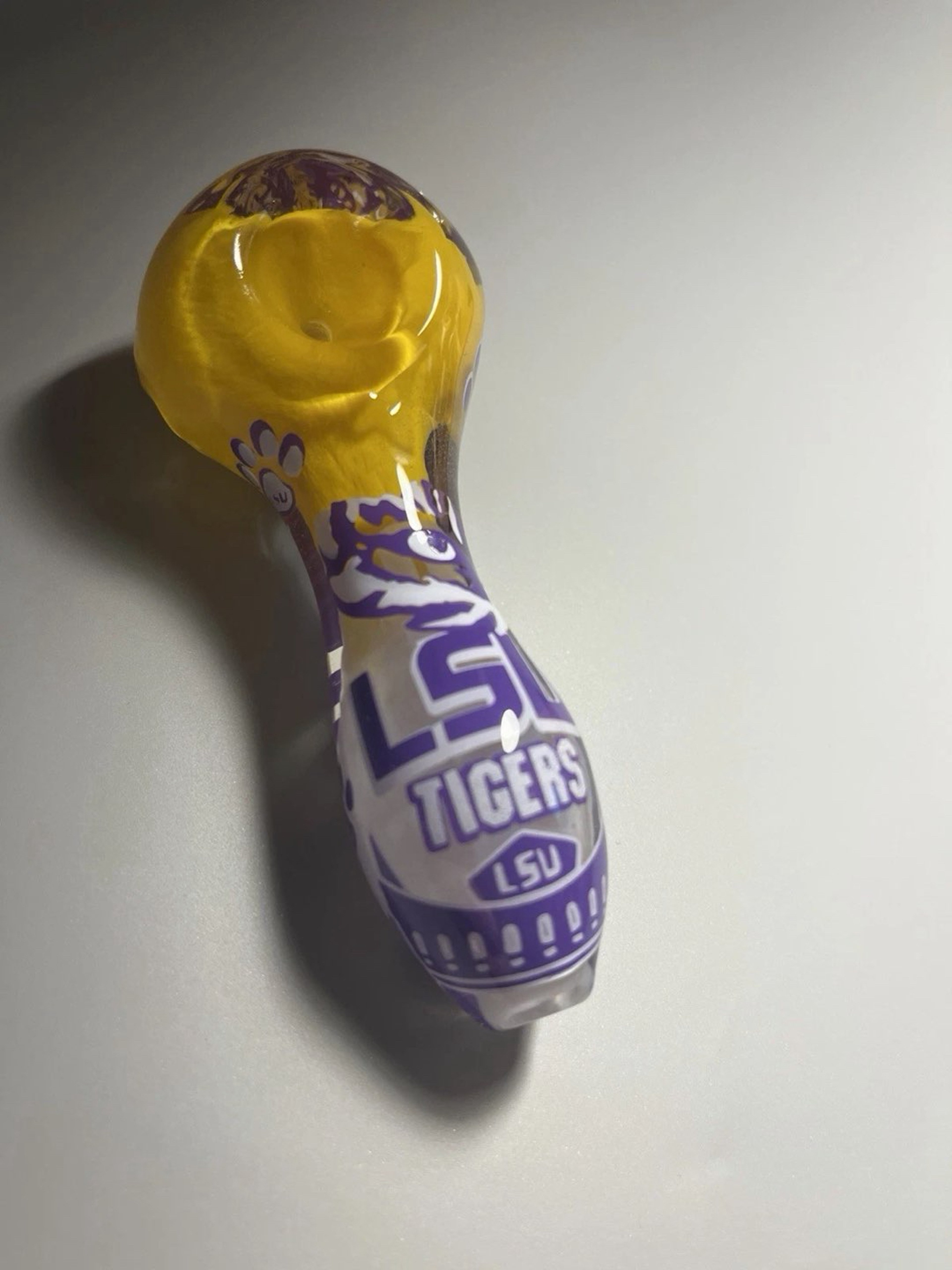 Preview pic of LSU tigers custom college team glass pipes vinyl art, 420 smoke pieces and gifts.  Personalized and custom