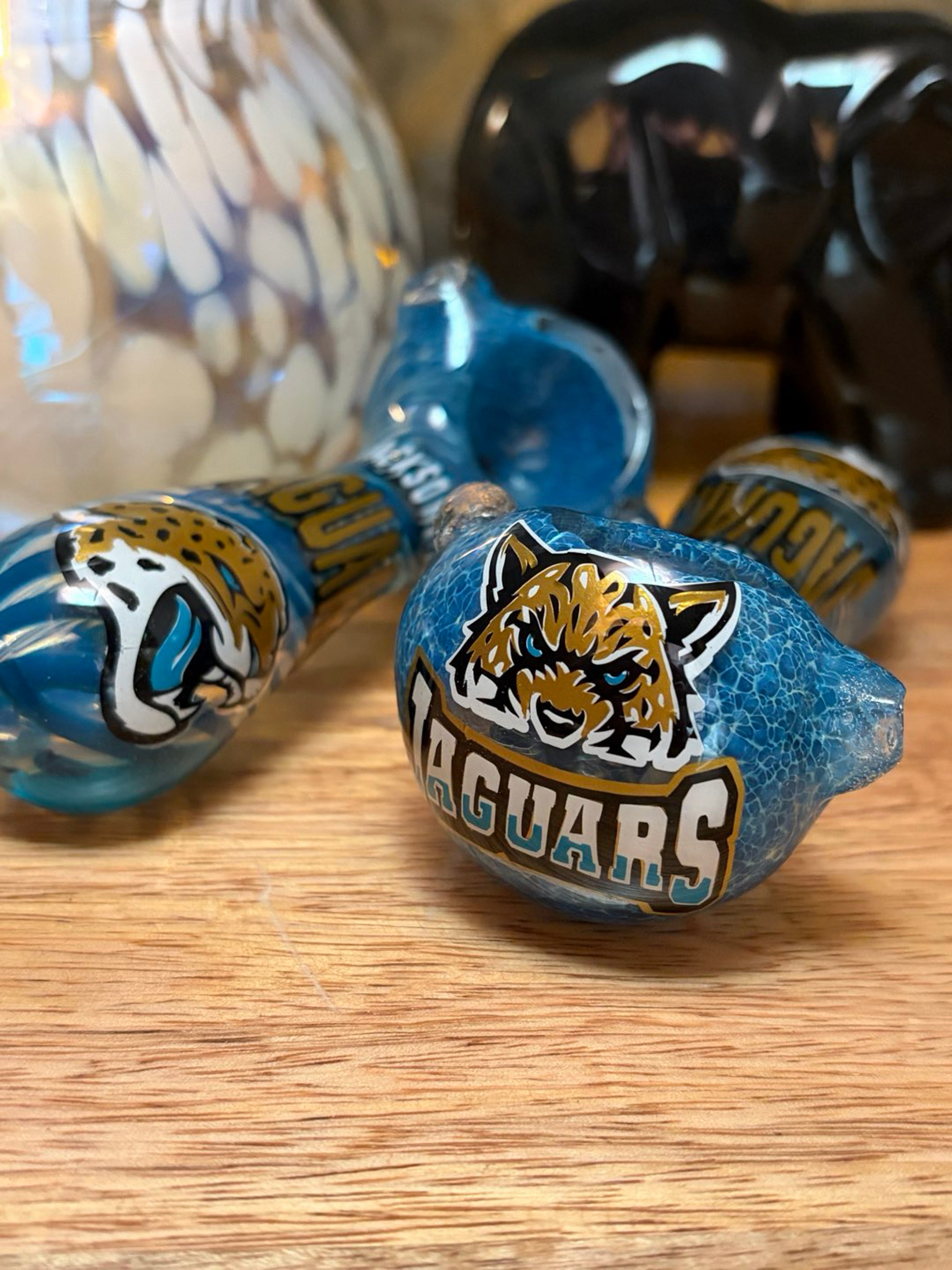 Preview pic of Jacksonville Jaguars NFL custom art glass pipes!  Personalized 420 smoker gifts! 3.5” blue glass swirl spoon piece!