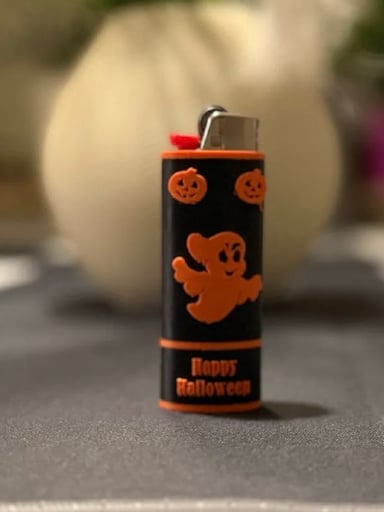 Preview pic of Happy Halloween Ghost Bic Lighter Sleeve – Custom Spooky Collection (Double Sided)