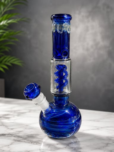 Preview pic of Blue & Clear Handcrafted Glass Water Pipe – Spiral Chamber Glass Art Piece