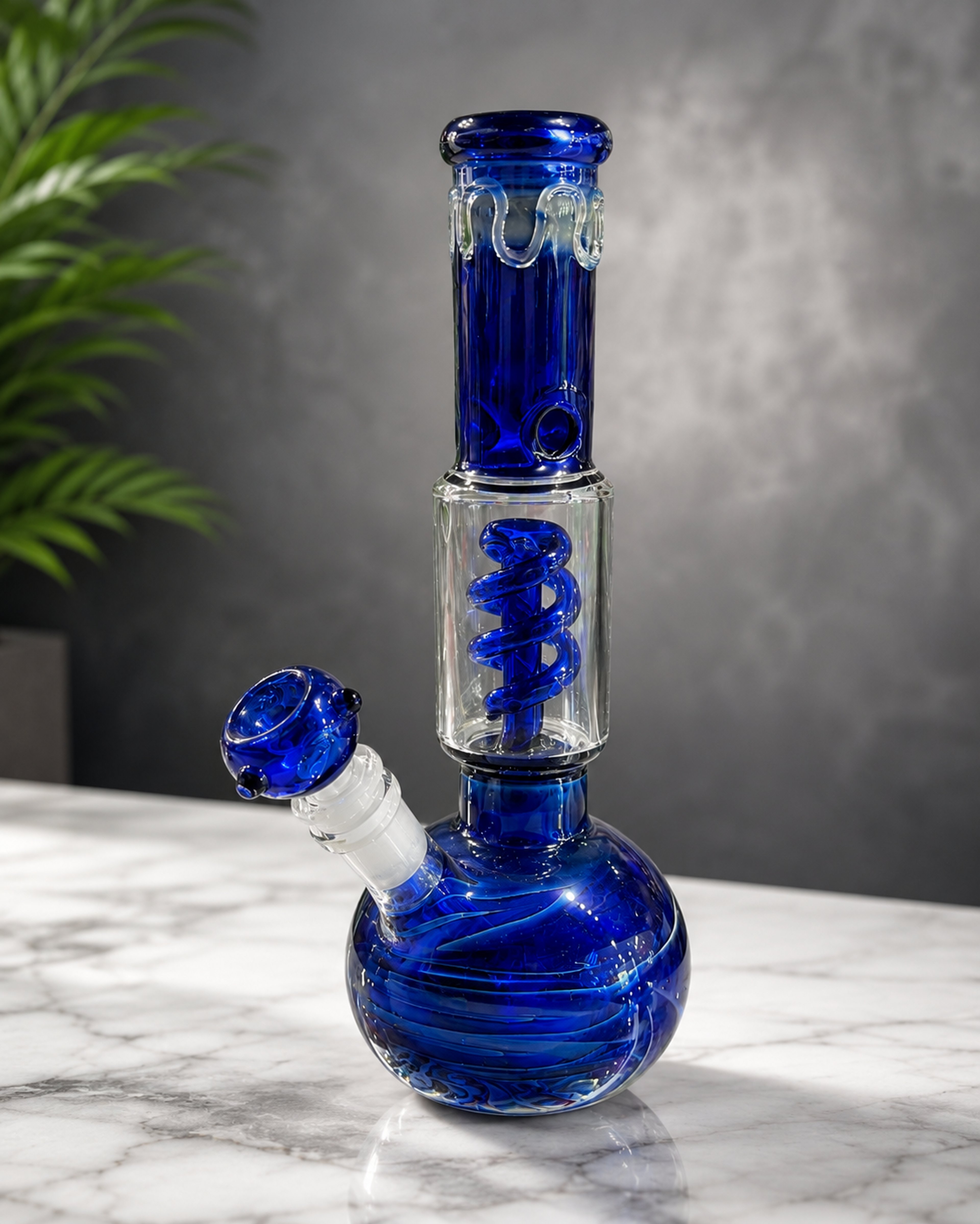 Blue & Clear Handcrafted Glass Water Pipe – Spiral Chamber Glass Art Piece image 0