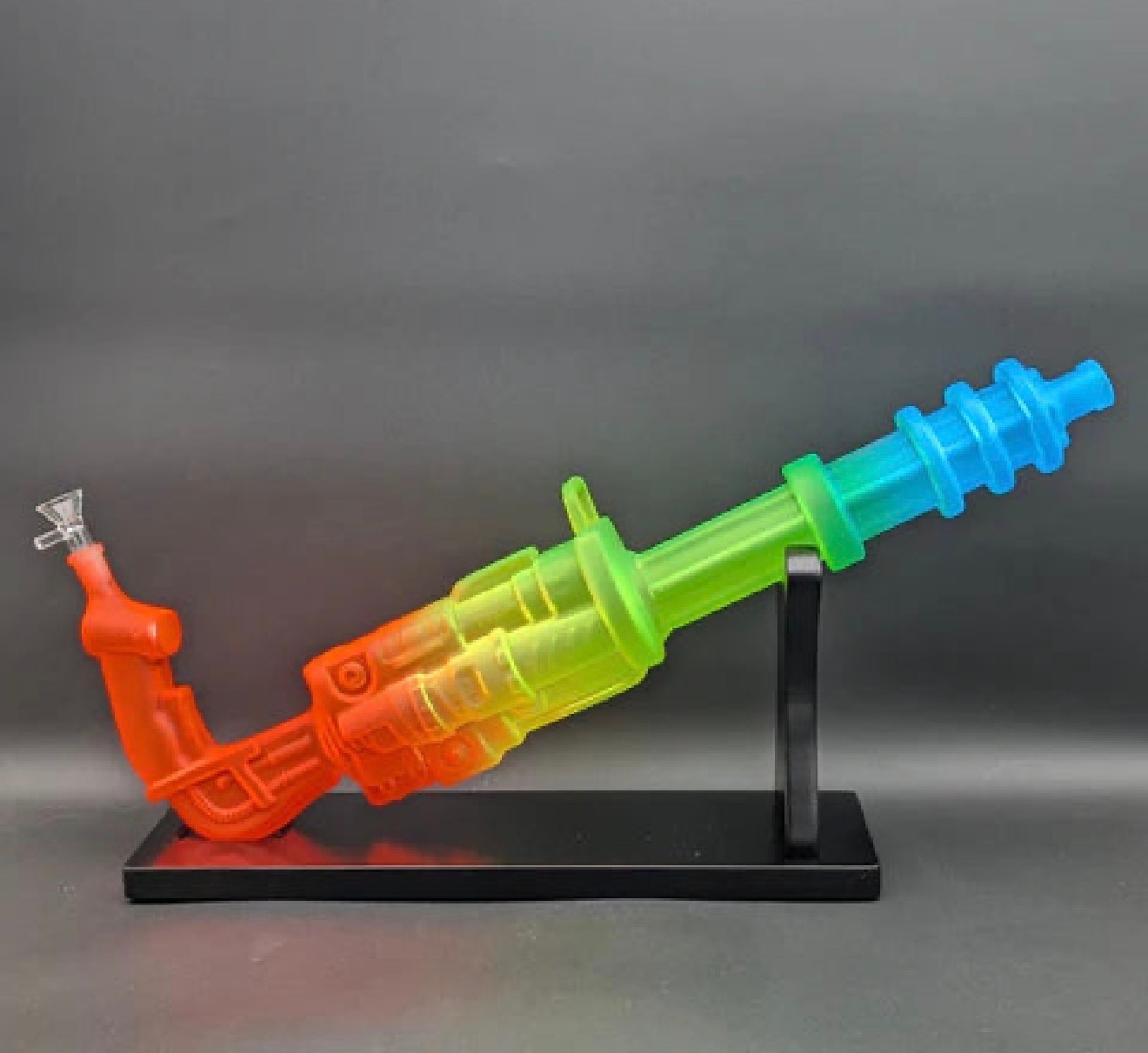 Preview pic of 23" Rainbow Frosted Gatling Gun Bong w/ Wood Stand