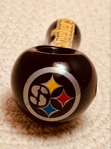 Preview pic of 4” black Pittsburg Steelers custom art glass pipe spoon, personalized 420 gifts