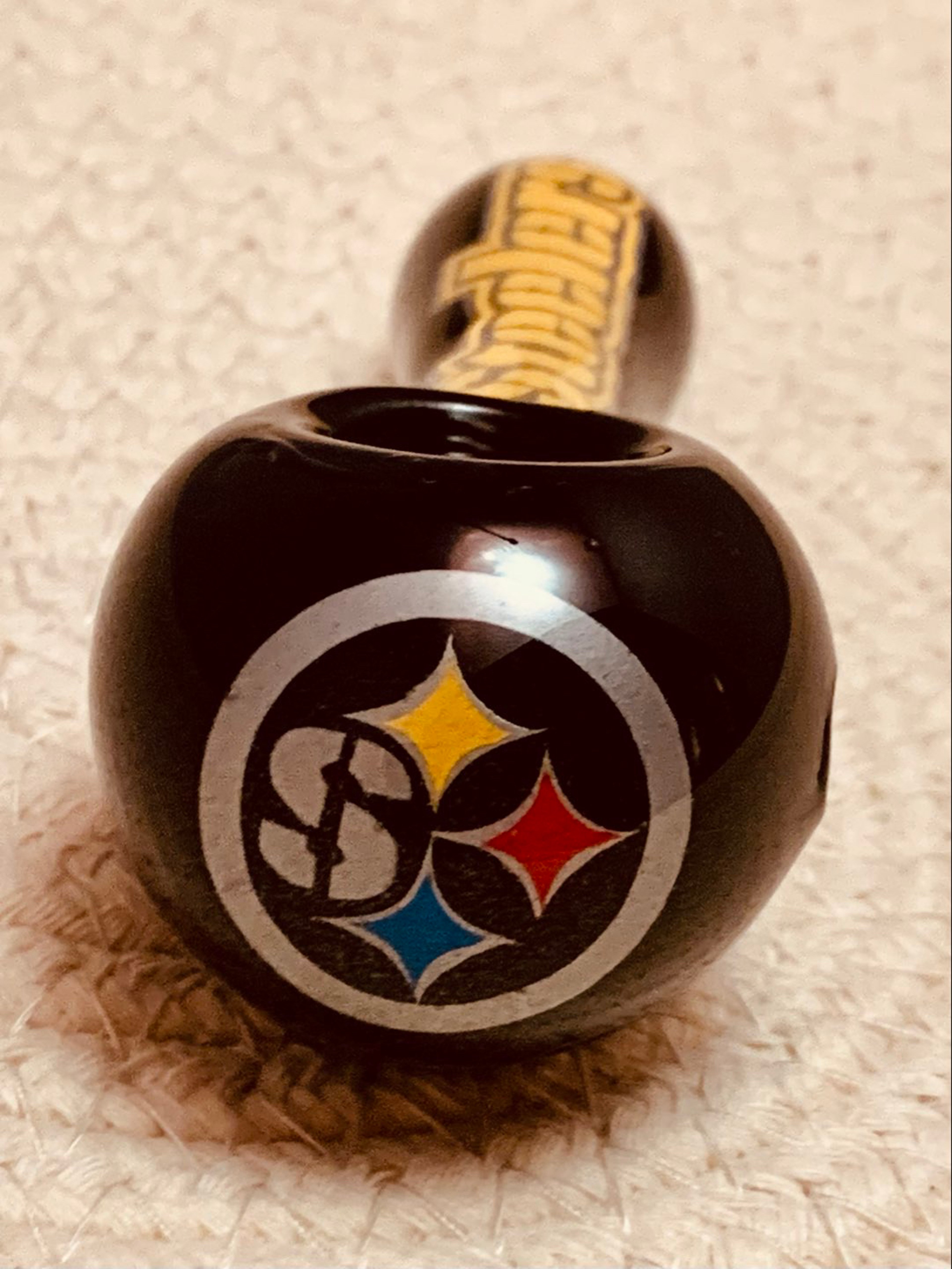 Preview pic of 4” black Pittsburg Steelers custom art glass pipe spoon, personalized 420 gifts