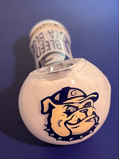 Preview pic of Georgetown Bulldogs “I bleed Hoya Blue” 4” glass pipe spoon bowl piece custom personalized 420 gifts