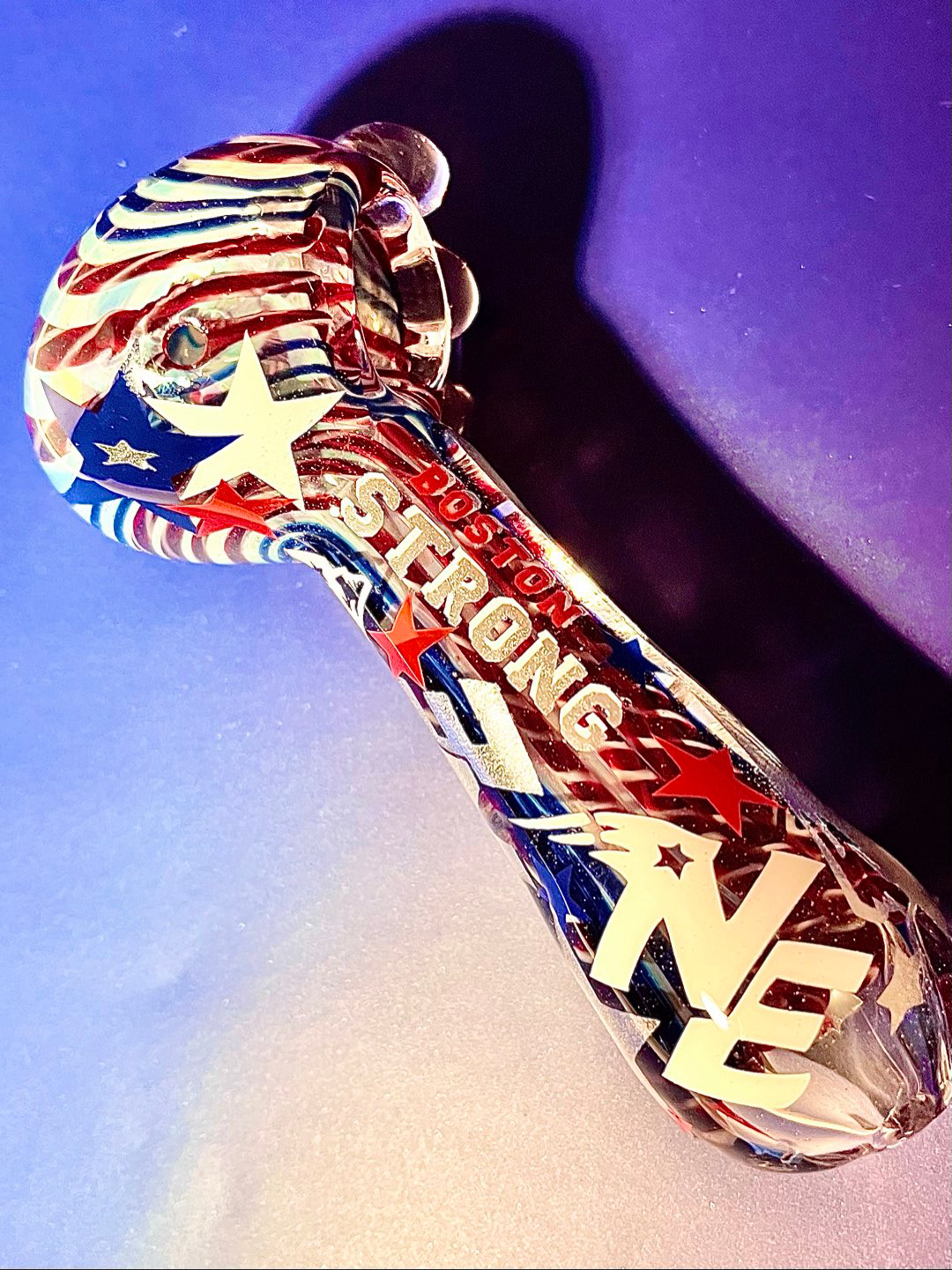 Preview pic of New England patriots Boston Strong NFL custom personalized vinyl art 5” glass pipe.  420 gifts
