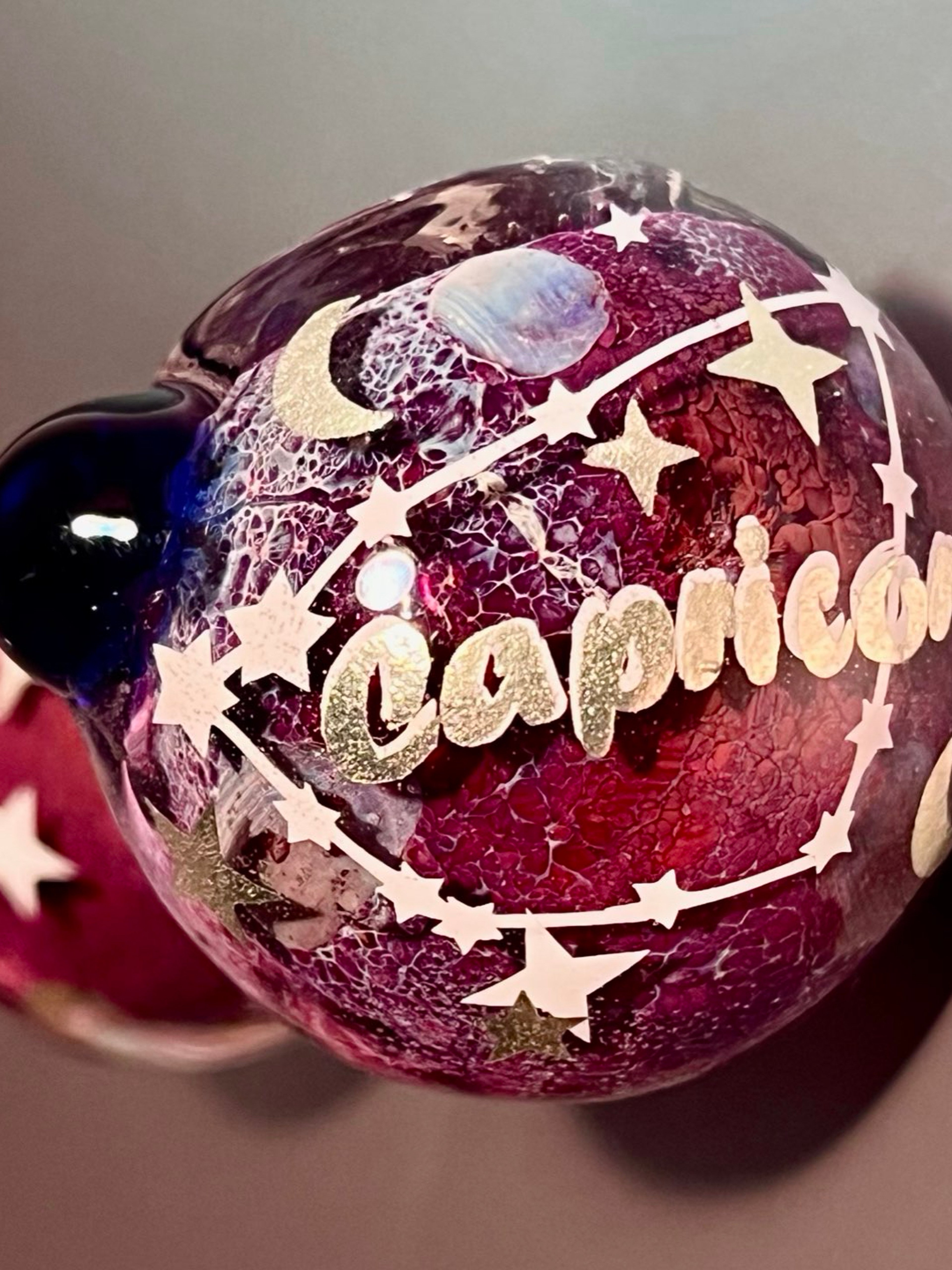 Preview pic of Capricorn (Or ANY zodiac astrological sign), 4” glass purple vibes, custom art and personalized however / whatever you want!!