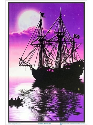 Preview pic of Moonlit Pirate Ghost Ship Flocked Blacklight Poster – 23″ x 35″