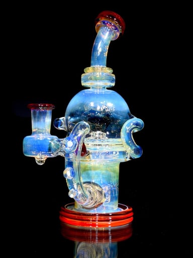 Preview pic of Bronx Glass - Fumed & Carved Double-uptake Orbital Recycler #1 - Pomegranate - 14mm Female