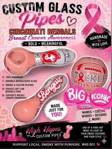 Preview pic of Cincinnati Bengals Breast Cancer awareness 4” glass pipe, custom personalized 420 gifts. Pink girlie sparkly and 10% to charity all October month!  Add names and dates for your warrior!