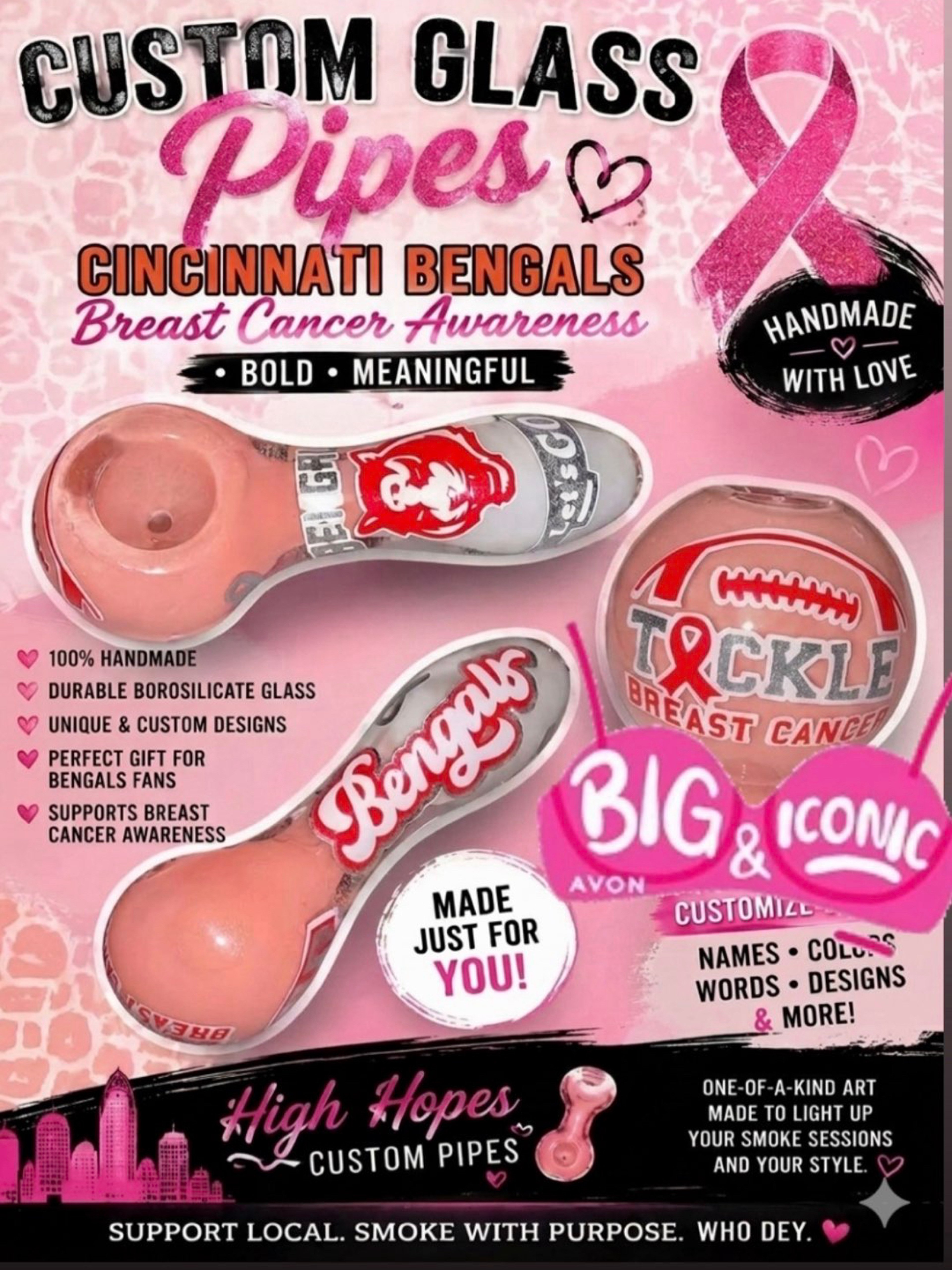 Preview pic of Cincinnati Bengals Breast Cancer awareness 4” glass pipe, custom personalized 420 gifts. Pink girlie sparkly and 10% to charity all October month!  Add names and dates for your warrior!