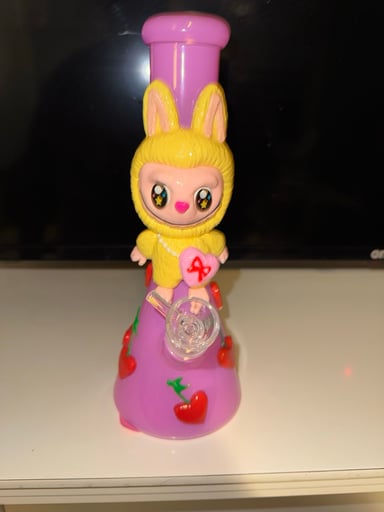 Preview pic of 10.5" Premium Glass Water Pipe Labubu Doll Yellow Hearts Glowing 14mm