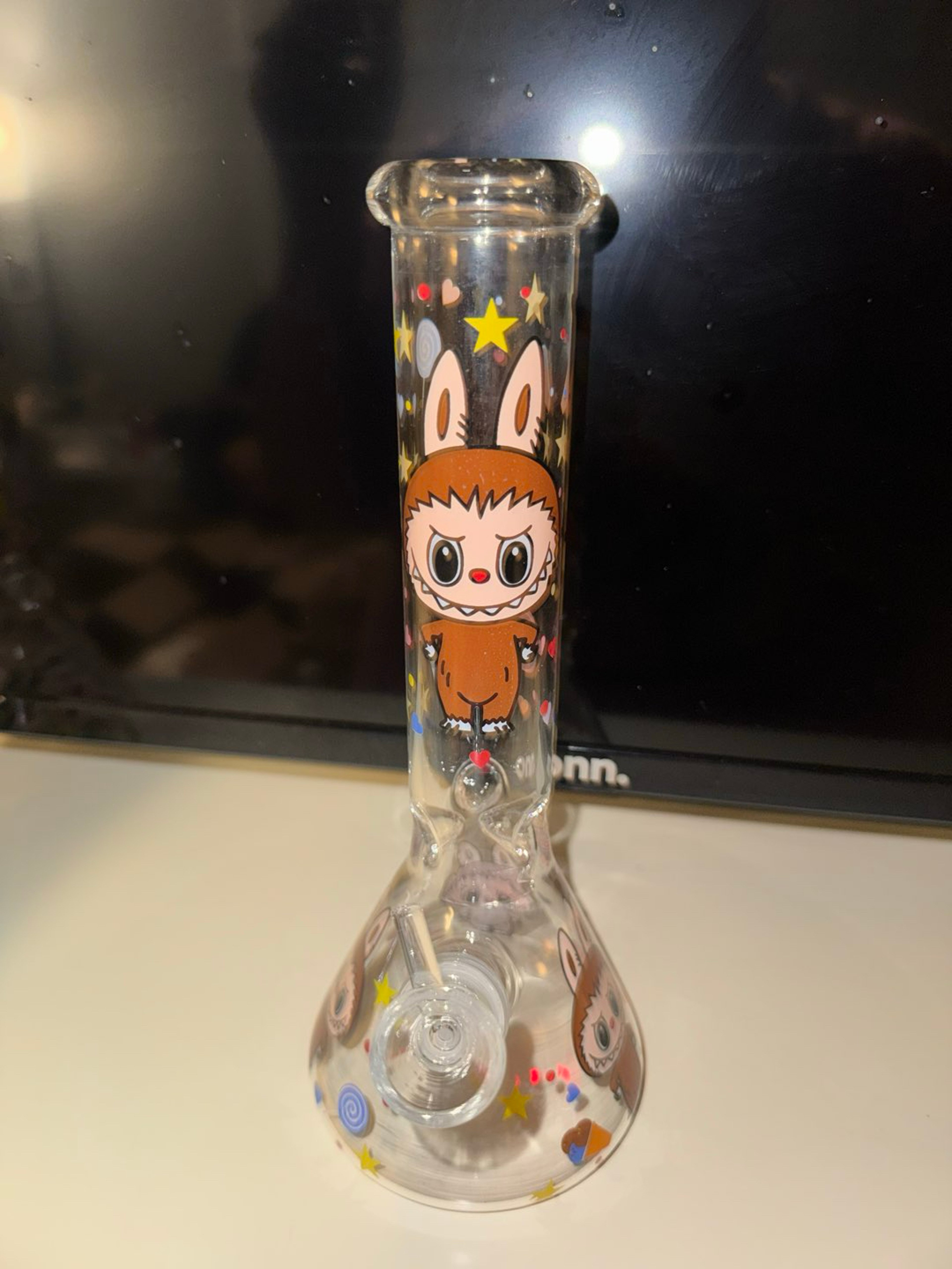 Preview pic of 10" Premium Glass Water Pipe Labubu Doll Brown Treats and Snacks Glowing 14mm