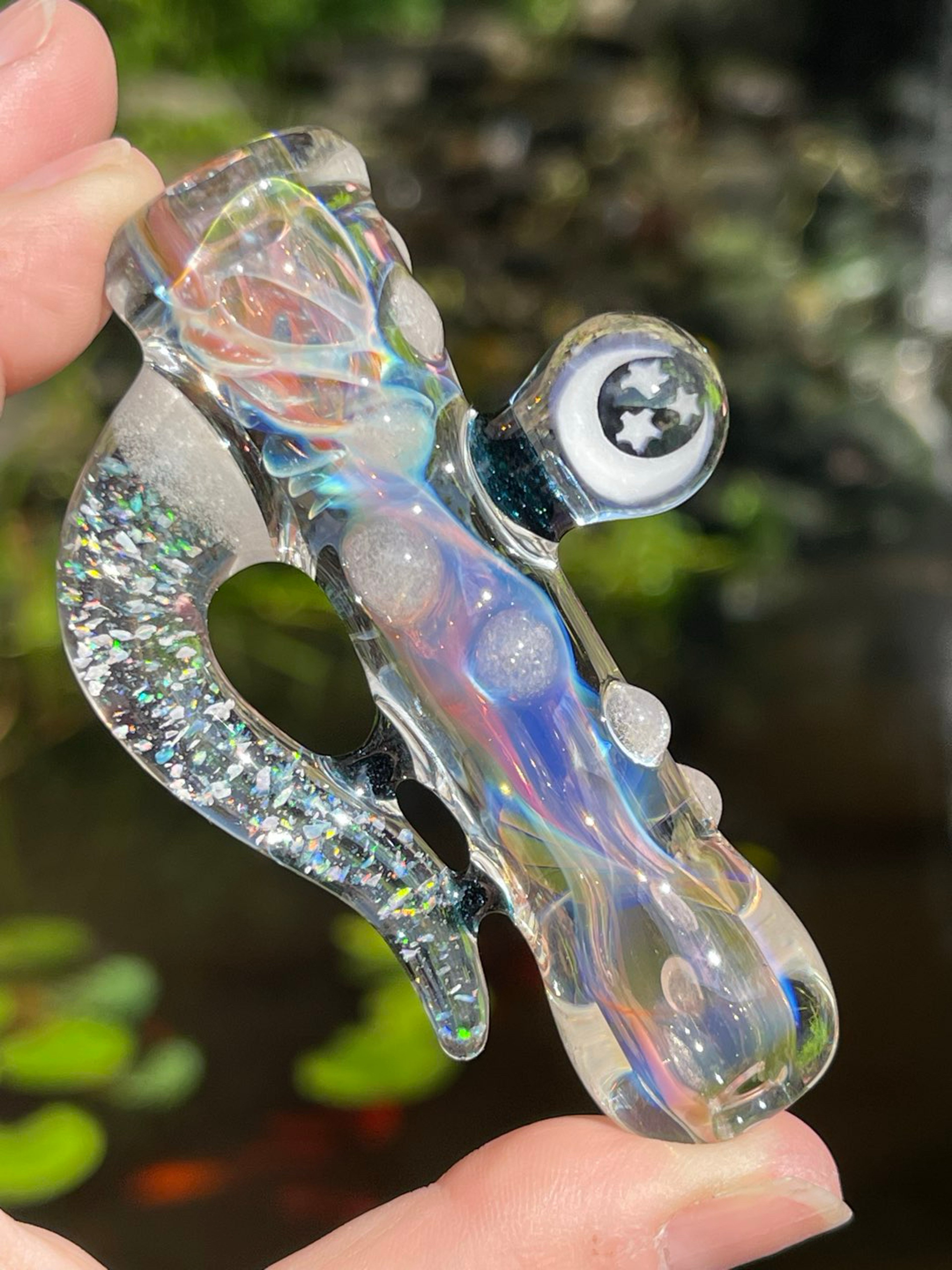 Glow in the Dark and UV reactive Thick Color Changing Chillum with Gilson Opal horn and Moon and Stars murrini image 0