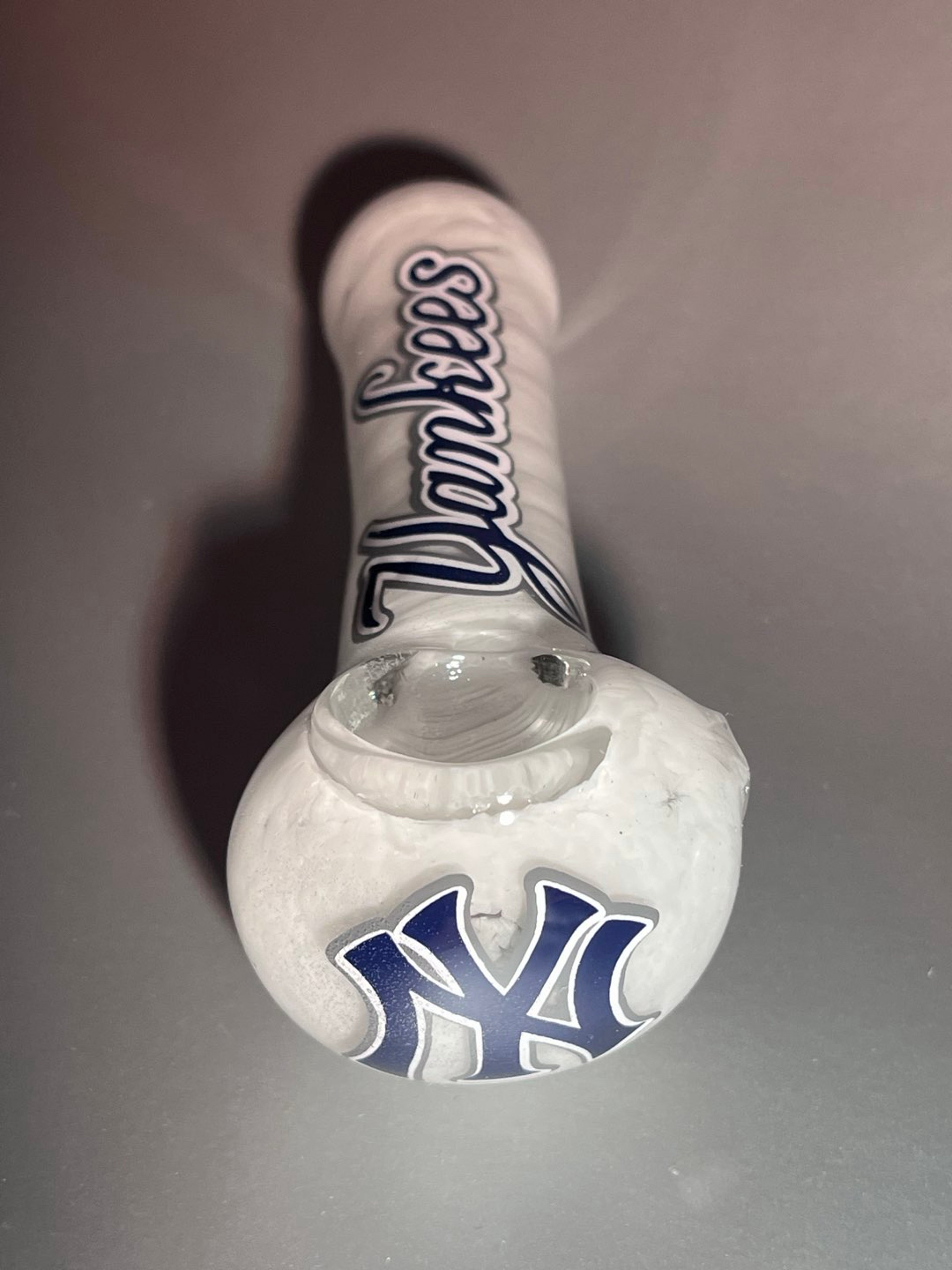 Preview pic of NY Yankees NY MLB custom glass pipe, white 4” spoon bowl, personalized 420 gifts