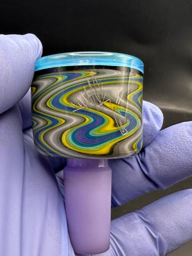 Preview pic of Gorgeous Amar 14mm bowl/slide. Frosted purple stem, blue rim, multicolor wigwag design.