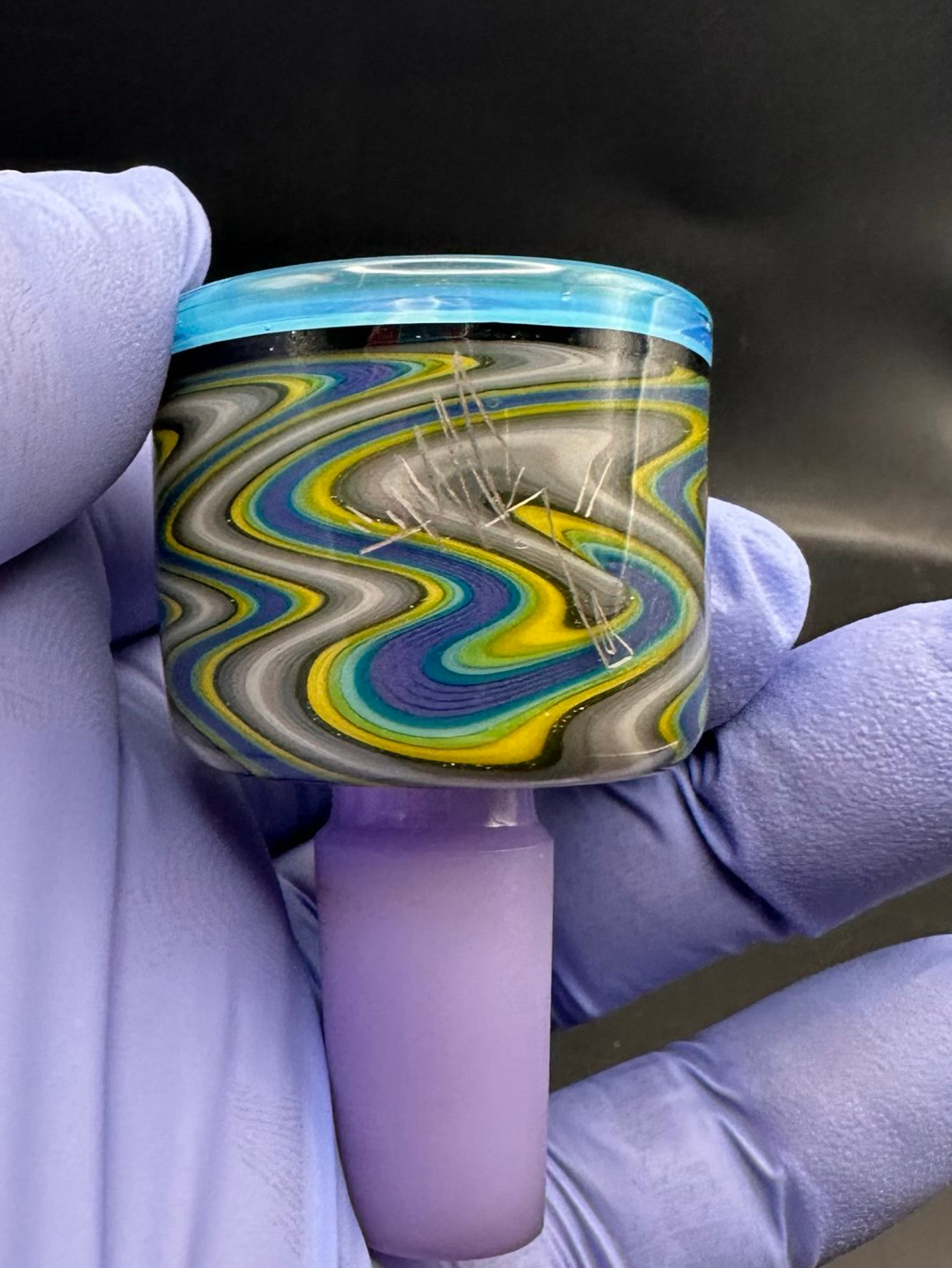 Preview pic of Gorgeous Amar 14mm bowl/slide. Frosted purple stem, blue rim, multicolor wigwag design.