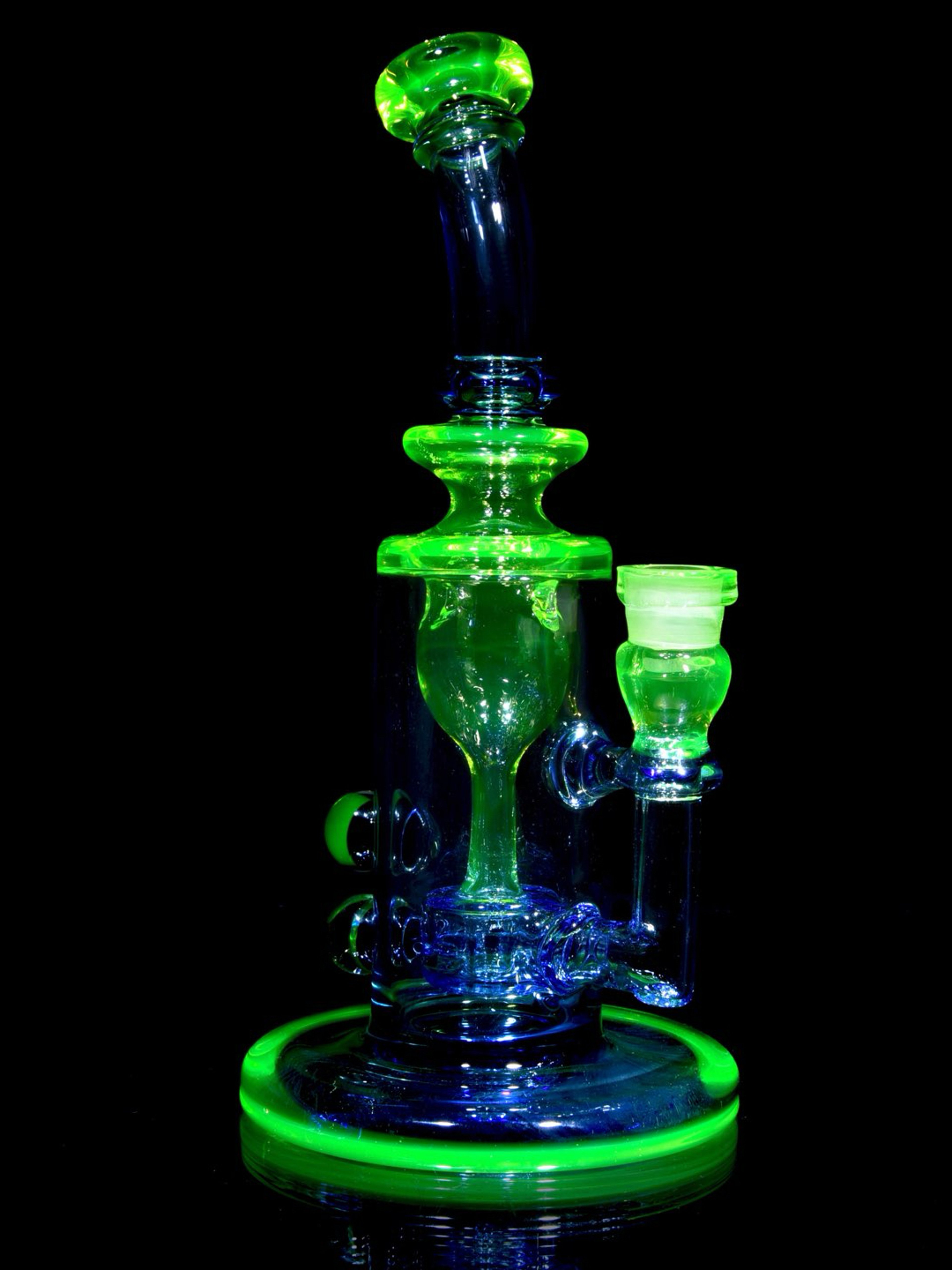 Preview pic of Davin Titland - UV Reactive Full-color Mini Narrow Can Double-uptake Tornada Recycler - Citrine/Cobalt - 14mm Female