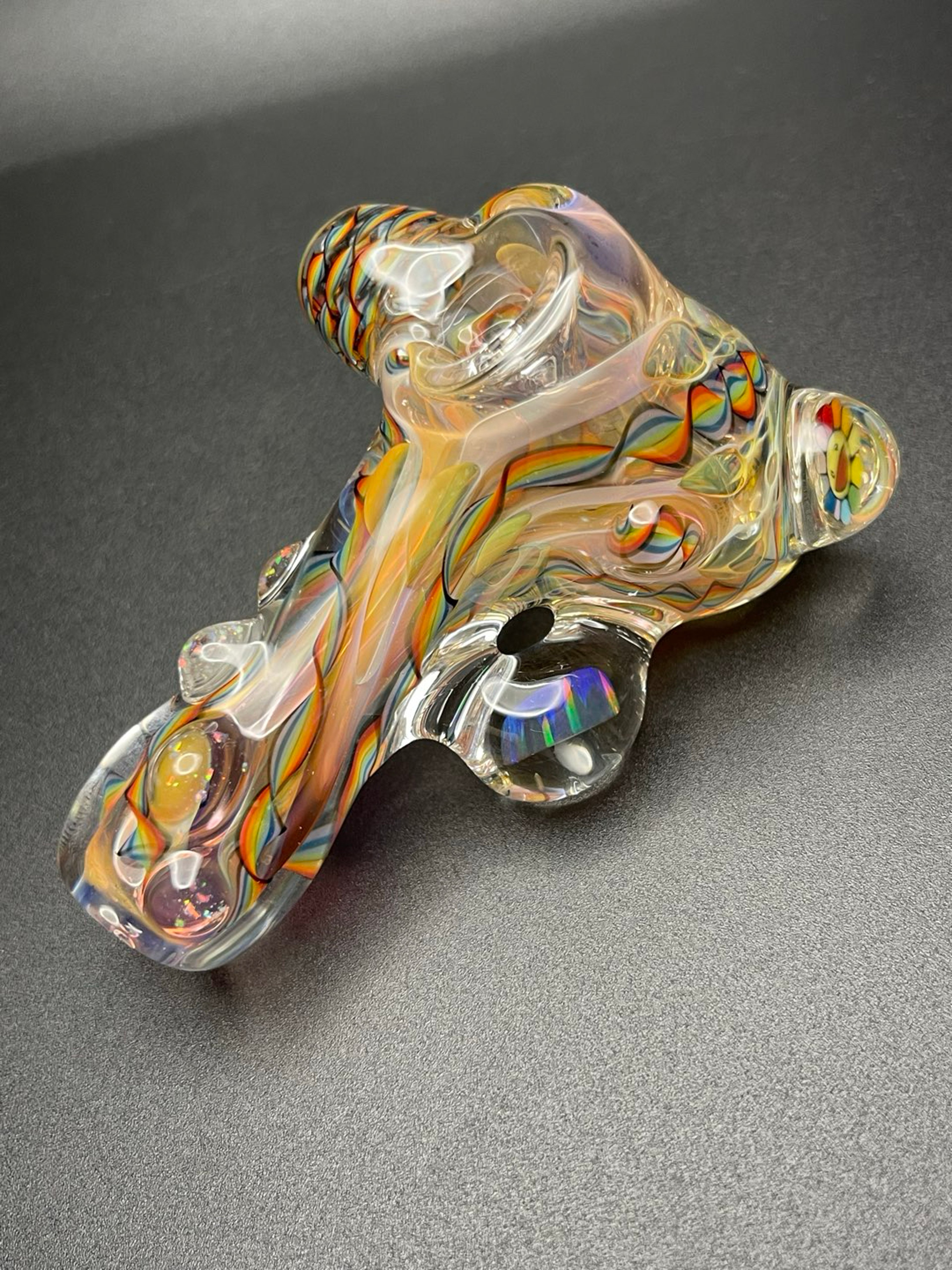 Preview pic of Thick little Pocket Heady, inside out color changer with rainbow cane, large gilson opal, Murakami murrini and lots of opal dust