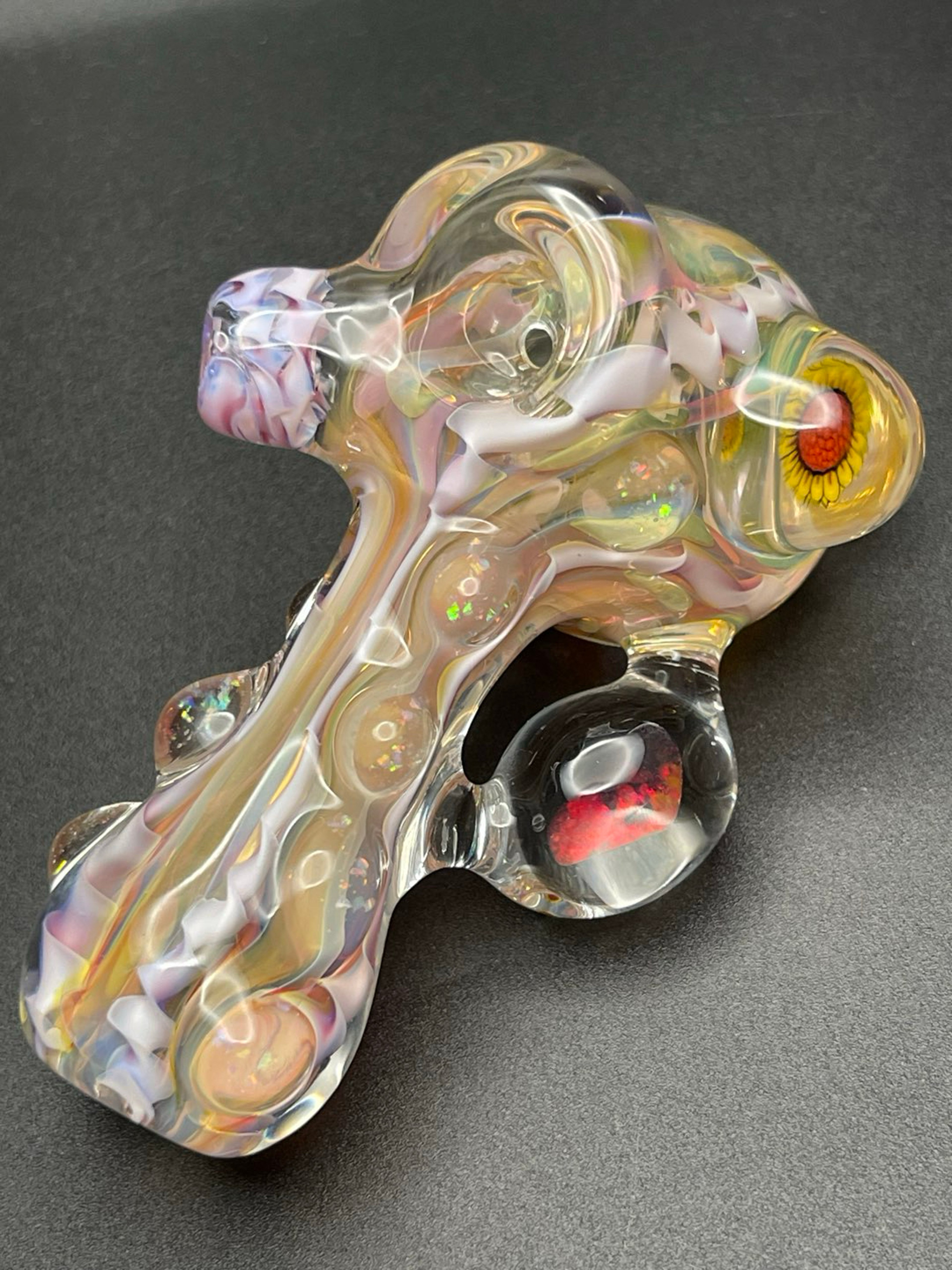 Preview pic of Thick little Pocket Heady, inside out color changer with large gilson opal, Dave Strobel sunflower murrini, and lots of gilson opal dust
