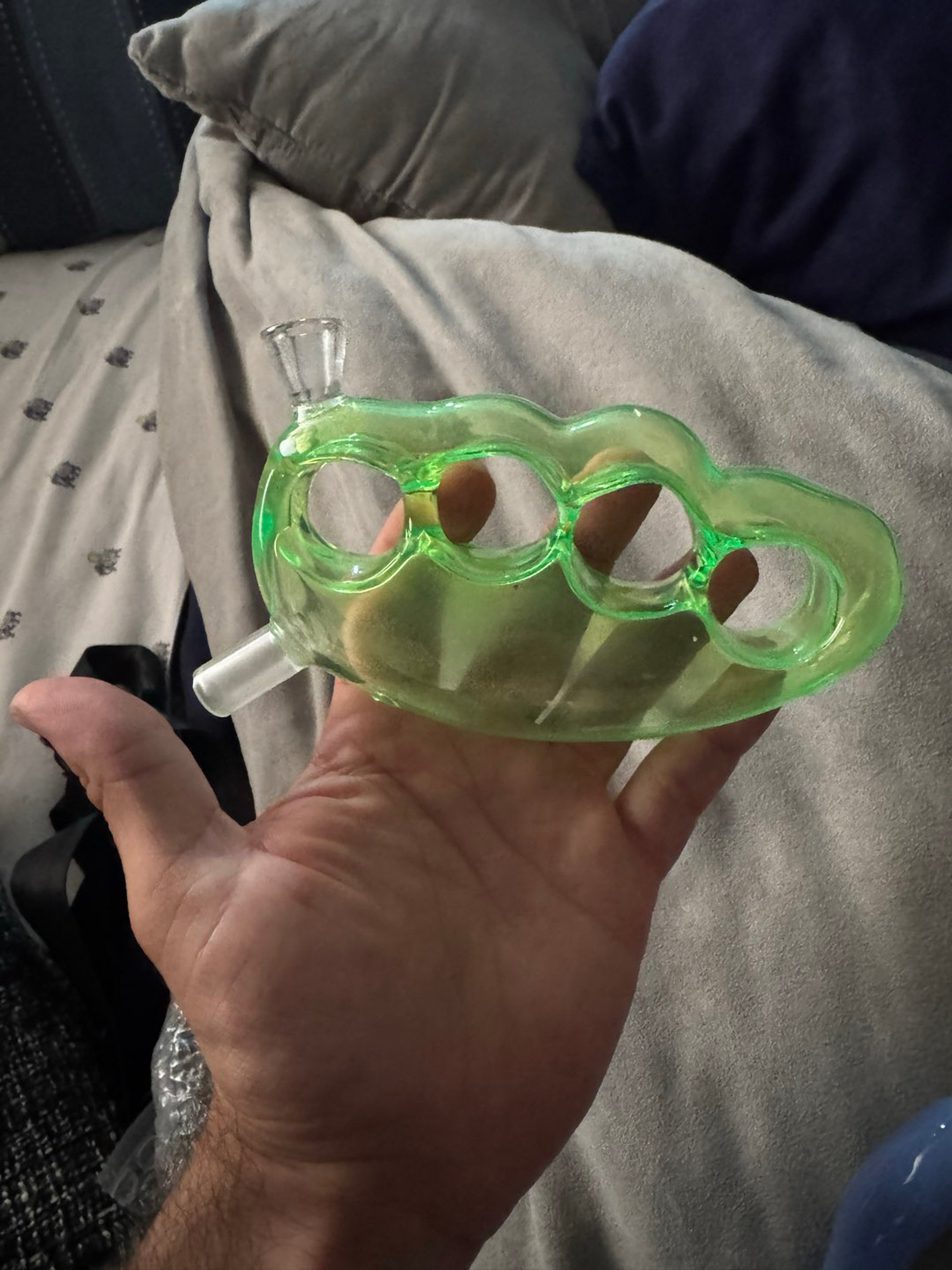 New Green UV Reactive Brass Knuckles Glass hand pipe image 0