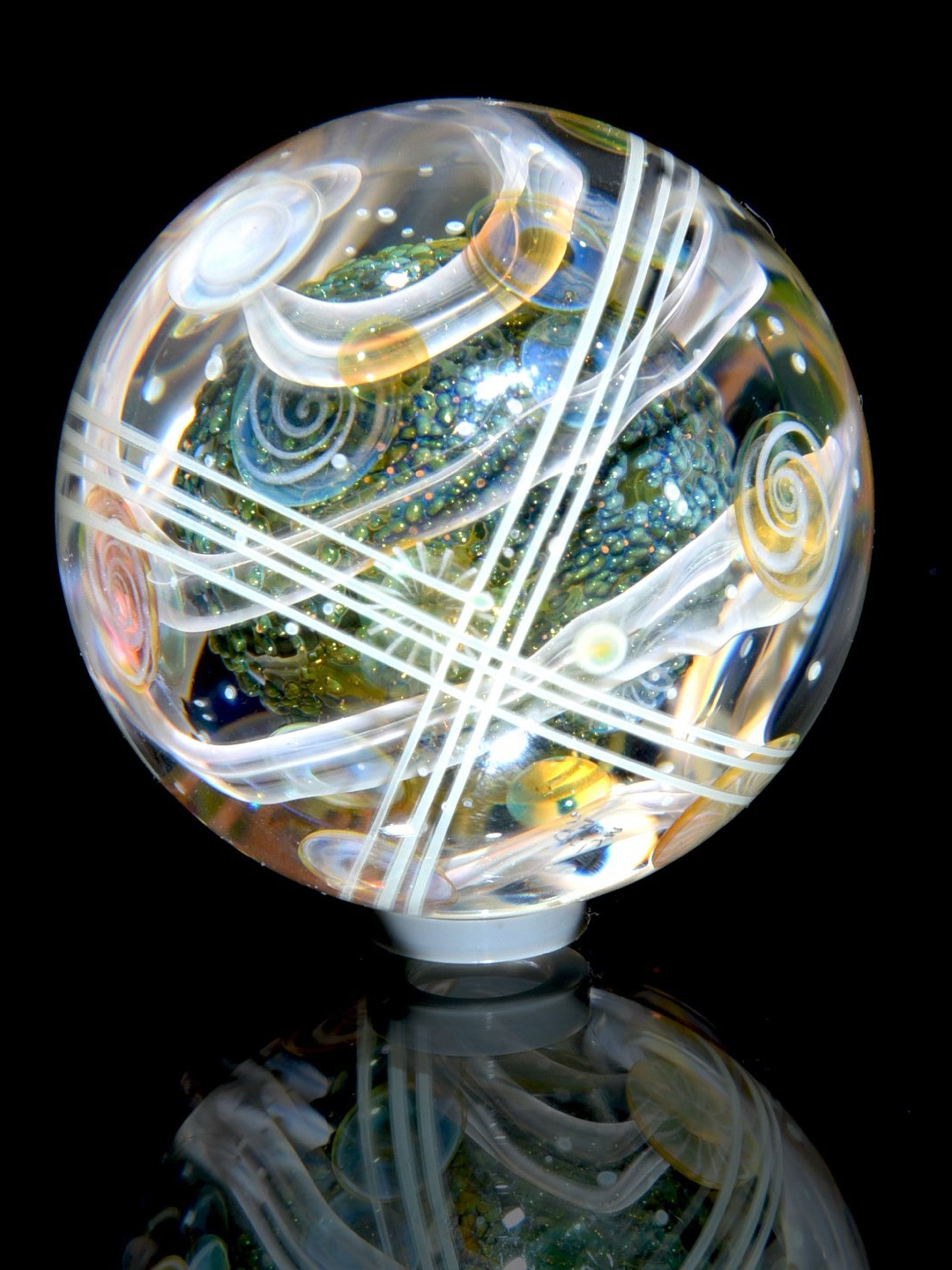 Preview pic of Badback Glass - 1.436” Marble - Multilayer Millie Swirls/Fume Metallic Core/Silver Swirl Tech