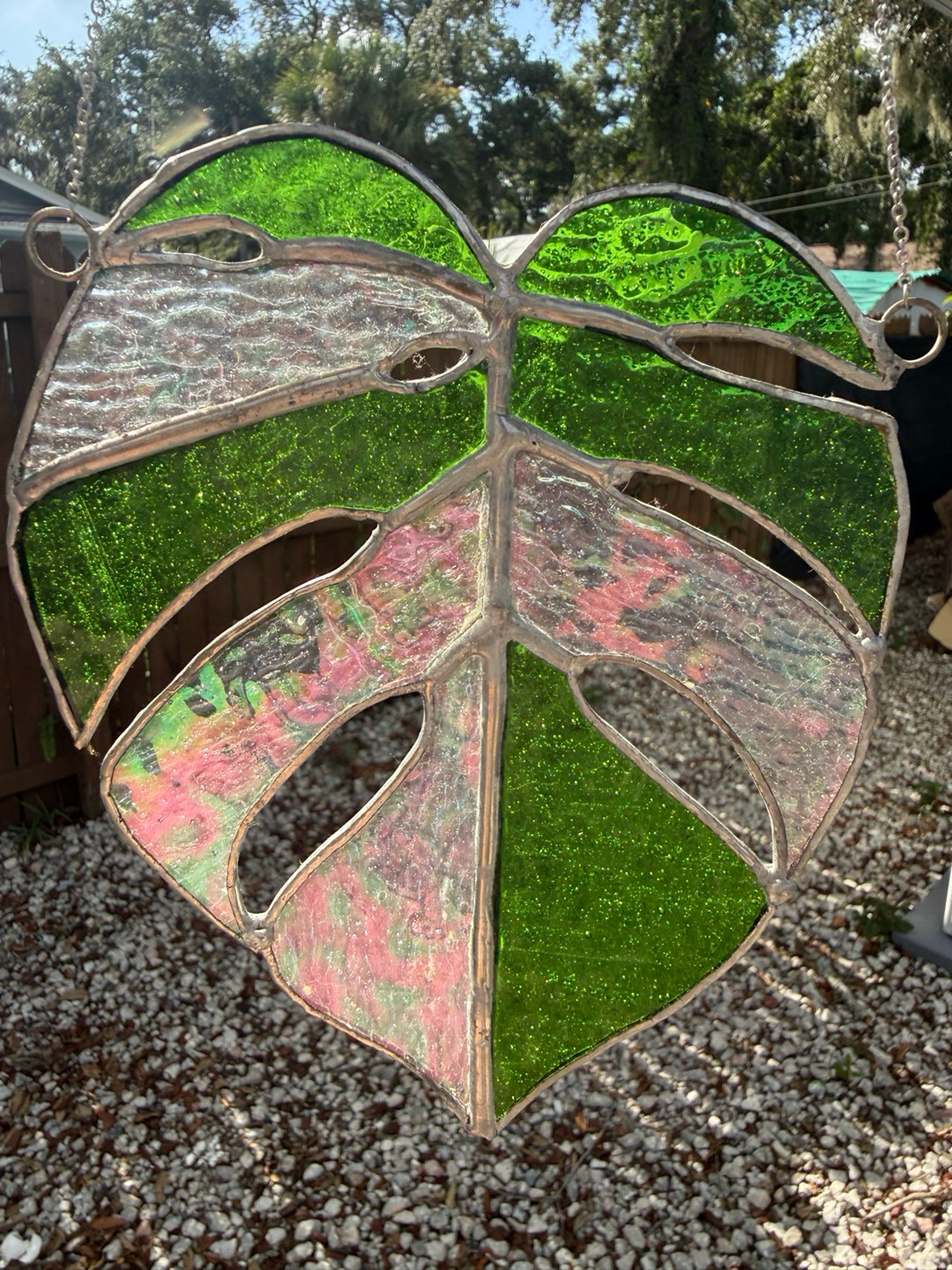 Preview pic of Rare Dichromatic Stained Glass Thai Constellation Monstera Leaf Suncatcher