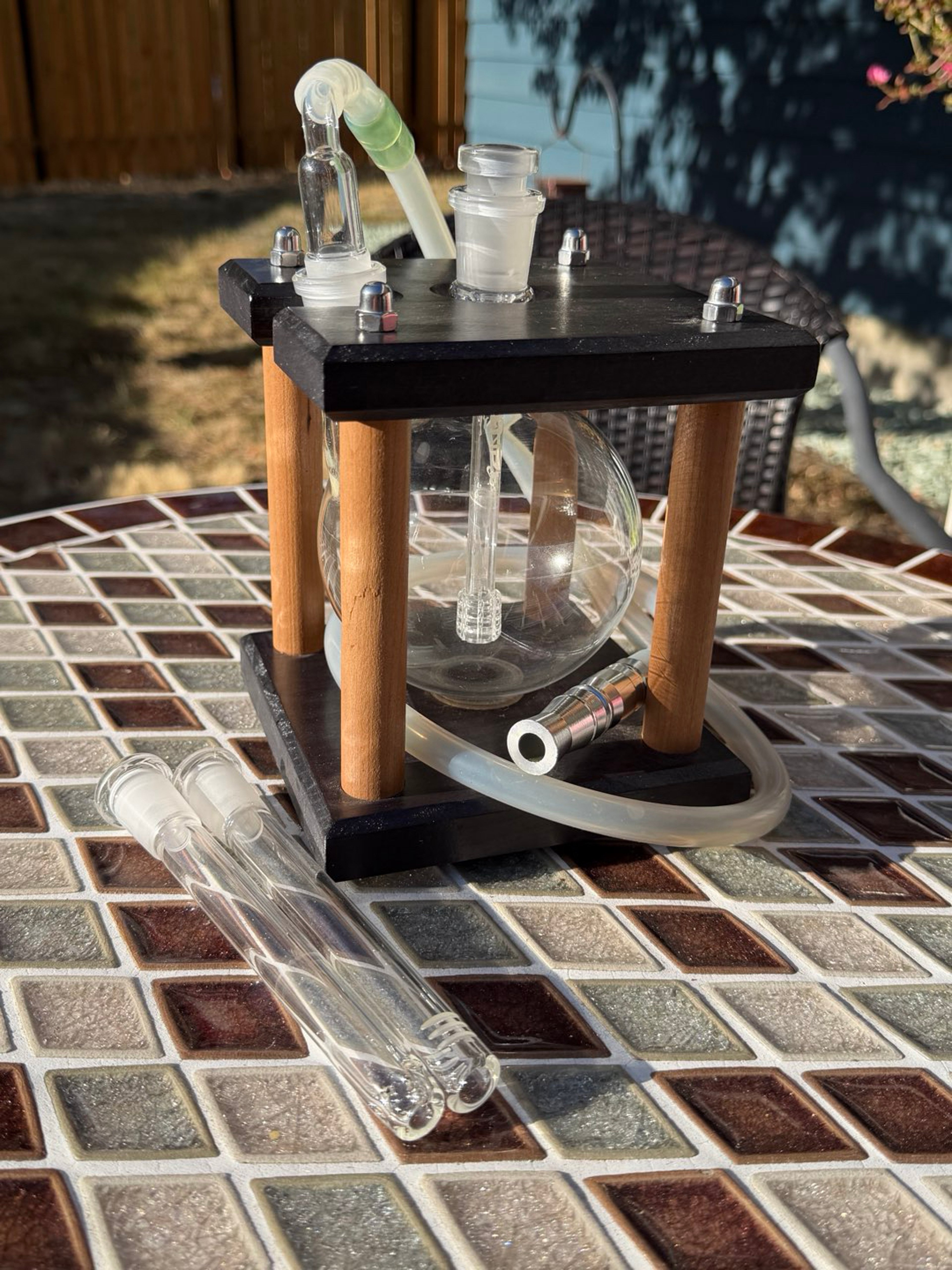 Preview pic of Table top water bong with hookah style hose and mouth piece and 3 down stems