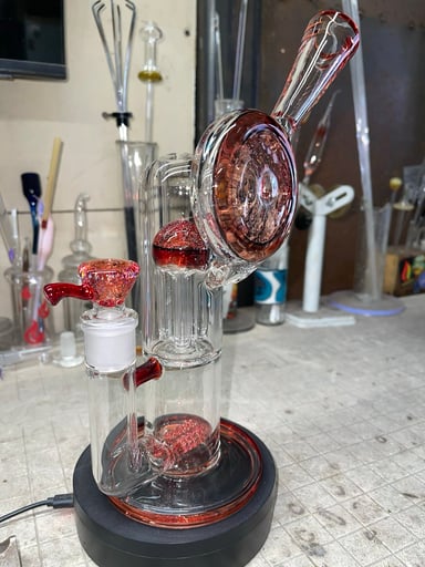 Preview pic of 11.5” tall, pomegranate and crushed opal accents, 18mm slide 4 holes
