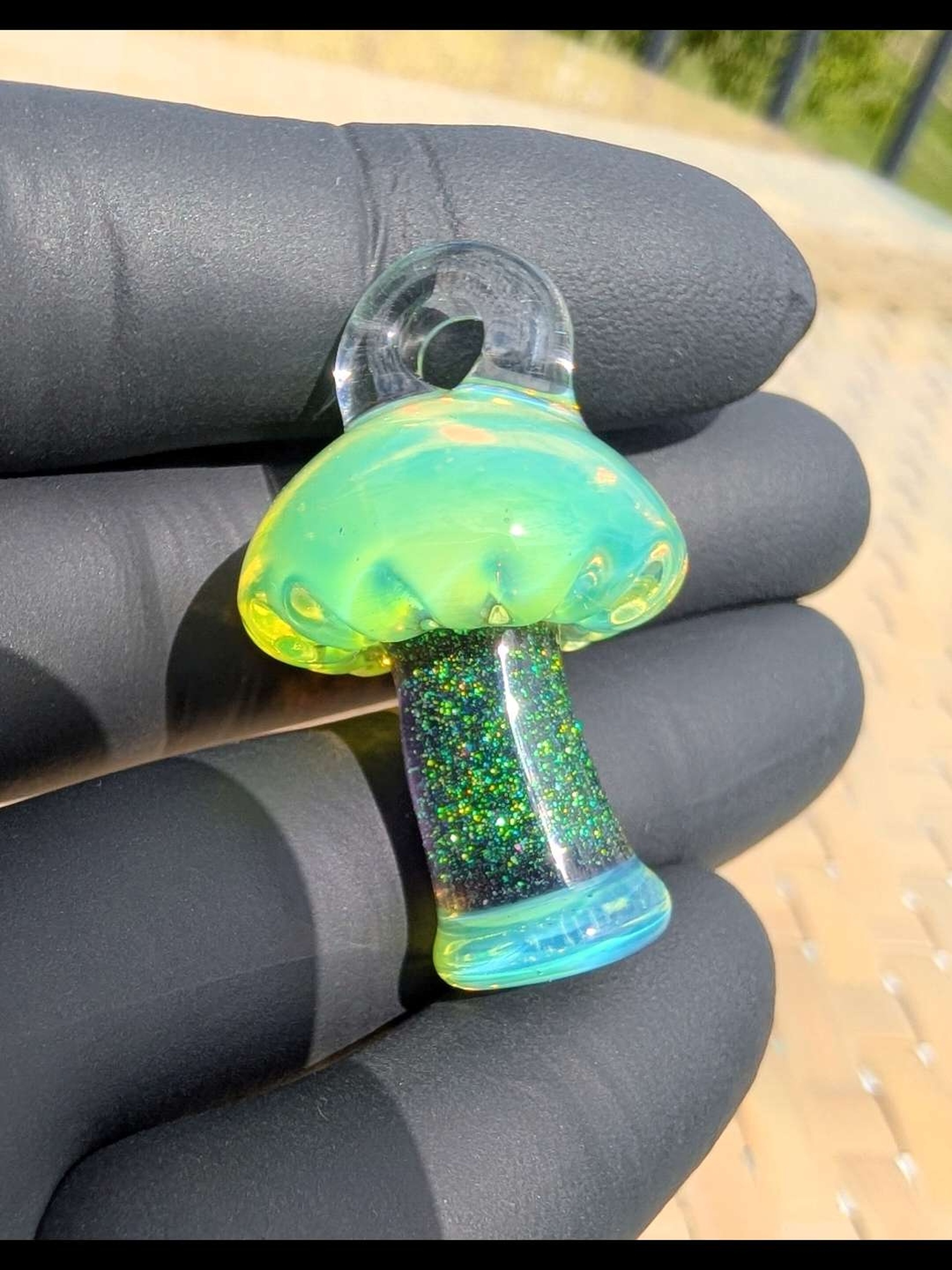 Mushroom pendant opalescent green and dichroic image 0
