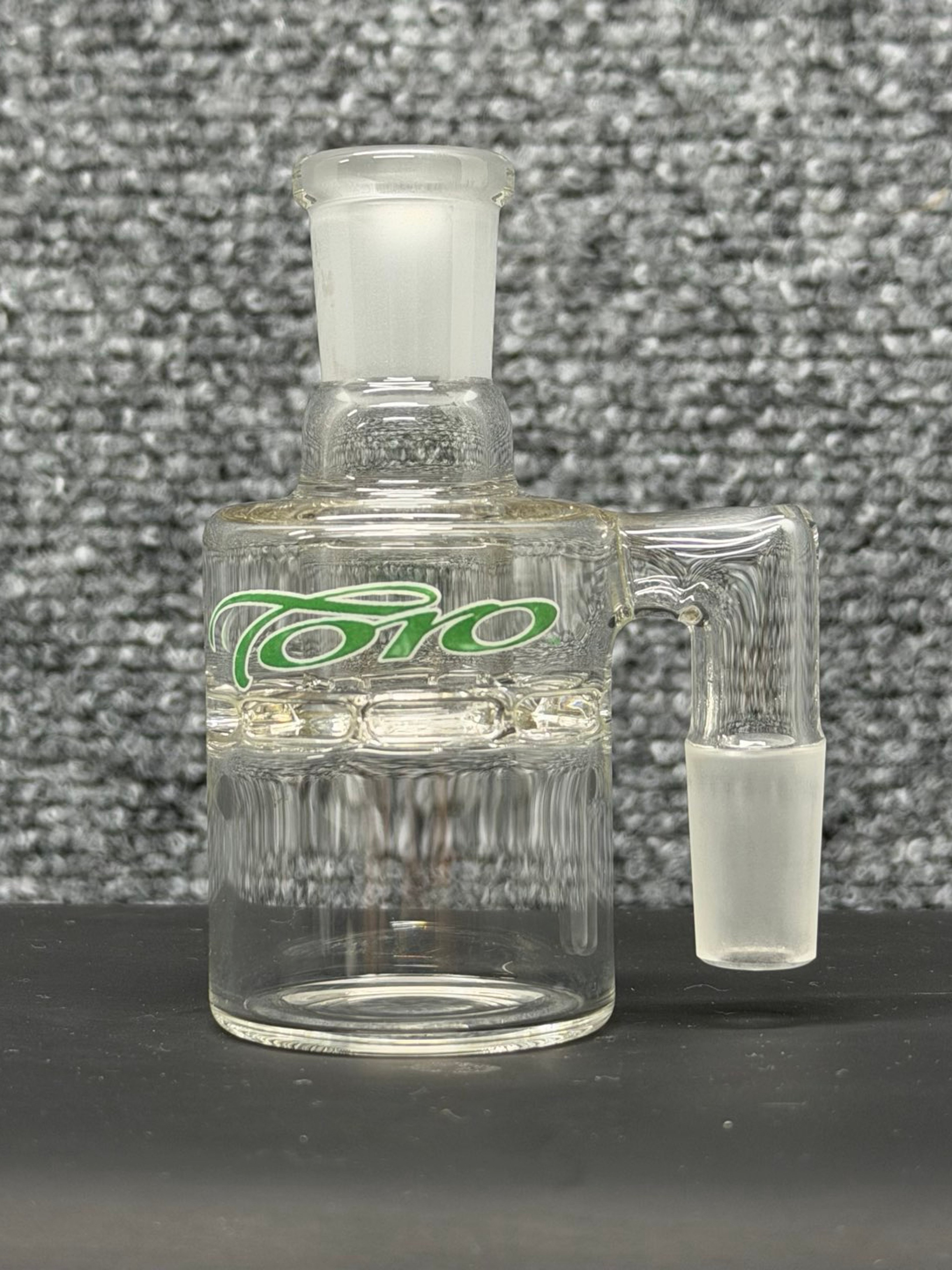 Preview pic of JP Toro Glass T.G.G. LLC Dry AC Clear Mini 14mm x 14mm Green Script Logo White Outline