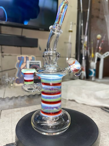 Preview pic of 8” tall 10mm joint, green slyme, ghost, pomegranate color